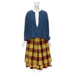 COMME DES GARCONS 1980's Vintage blue shirred stitch top layered checked skirt M