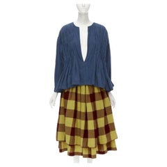 COMME DES GARCONS 1980's Vintage blue shirred stitch top layered checked skirt M
