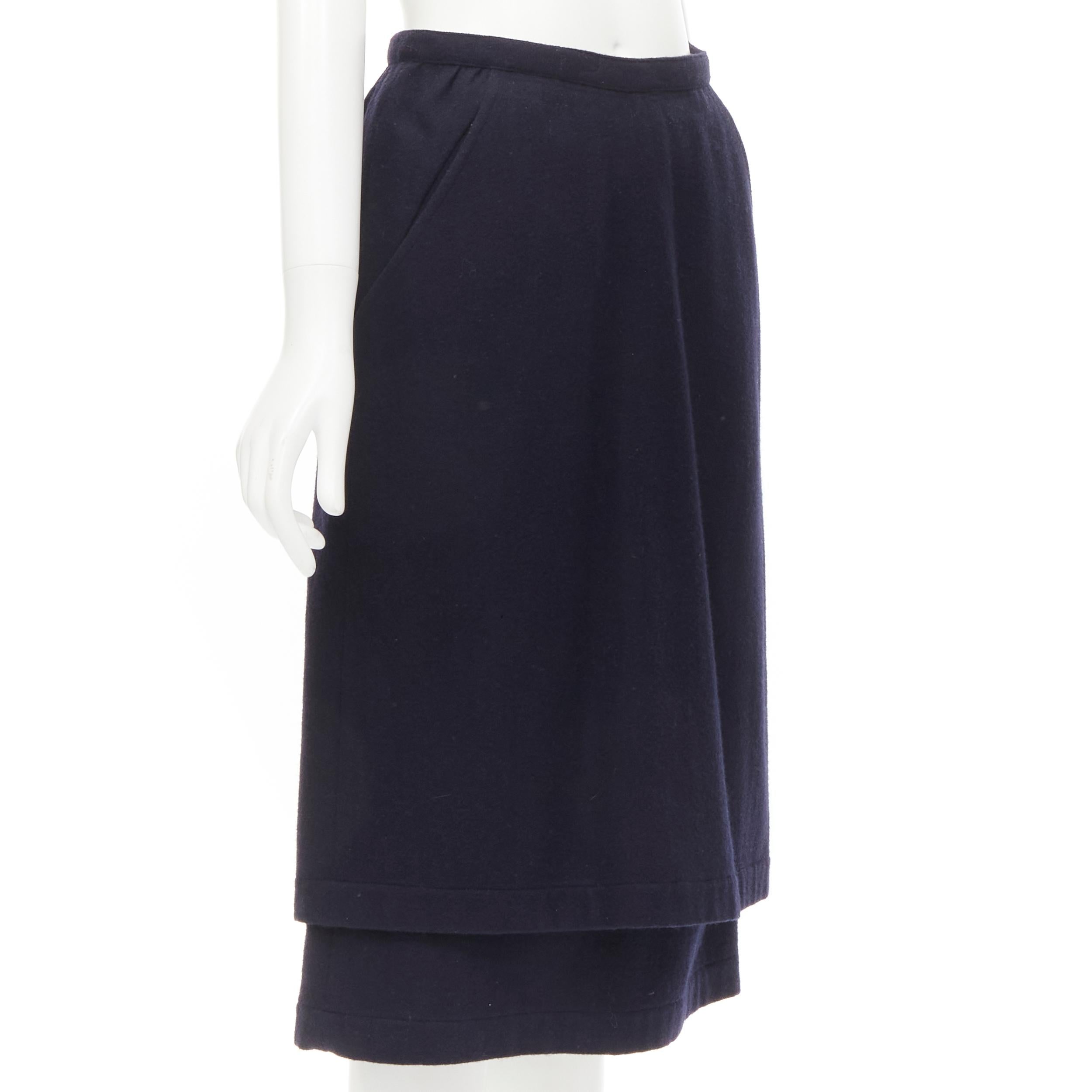 Black COMME DES GARCONS 1980s Vintage blue wool angular pocket layered hem skirt S For Sale