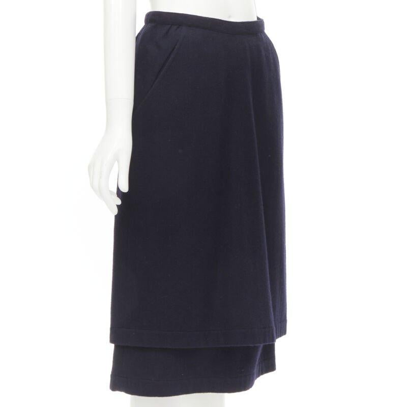 COMME DES GARCONS Años 80 Vintage lana azul bolsillo angular dobladillo en capas falda S Negro en venta