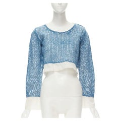 COMME DES GARCONS 1980's Vintage blue wool weave embroidered cropped top M