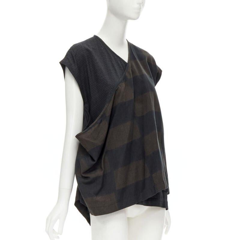 Black COMME DES GARCONS 1980's Vintage green checked wrap front draped vest top S For Sale