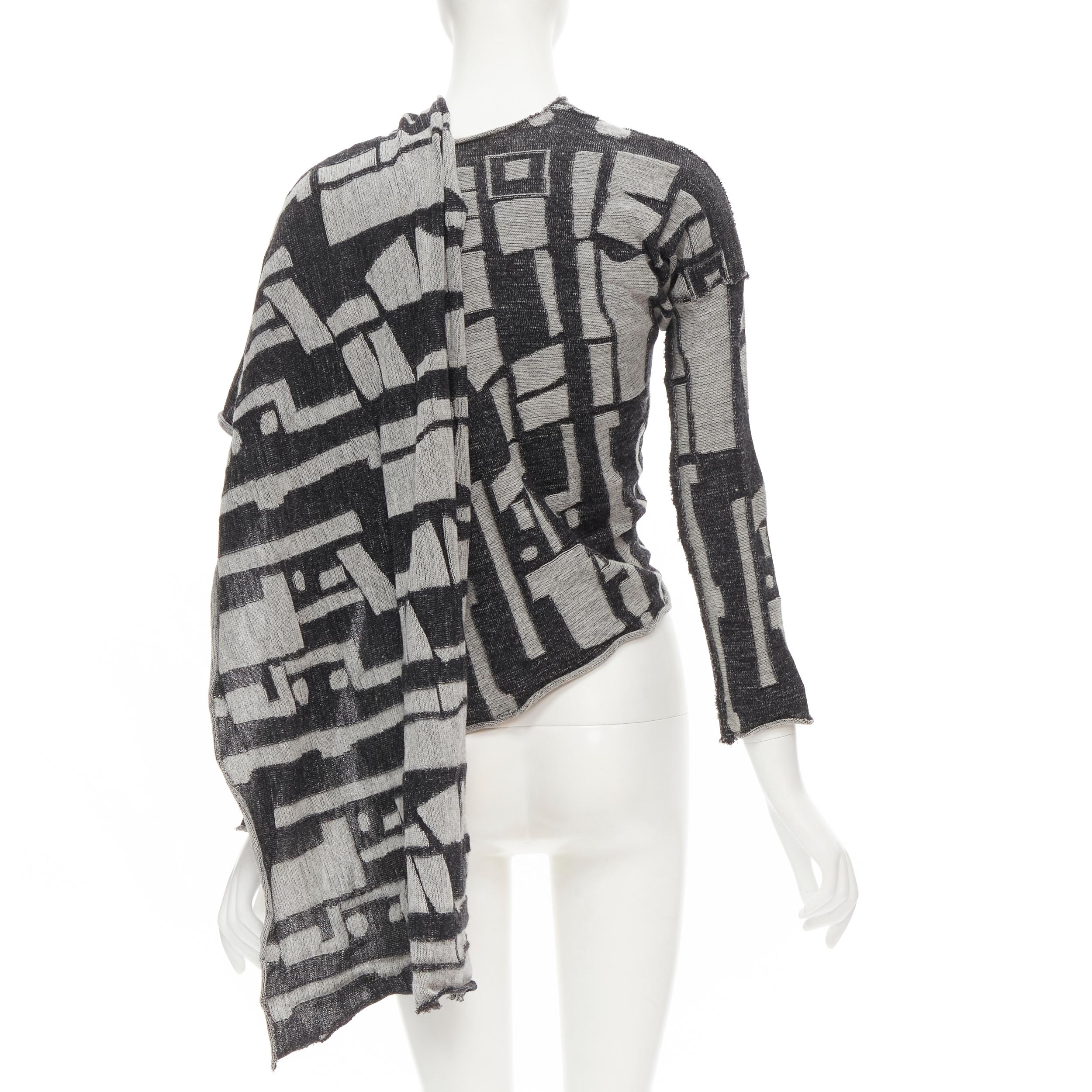 COMME DES GARCONS - Cardigan enveloppant en laine intarsia grise abstraite, années 1980 Pour femmes en vente