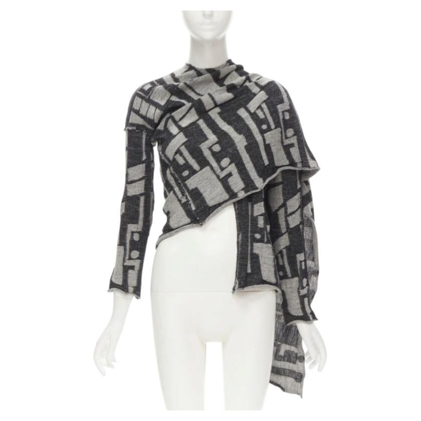 COMME DES GARCONS 1980's Vintage grey abstract wool intarsia wrap scarf cardigan