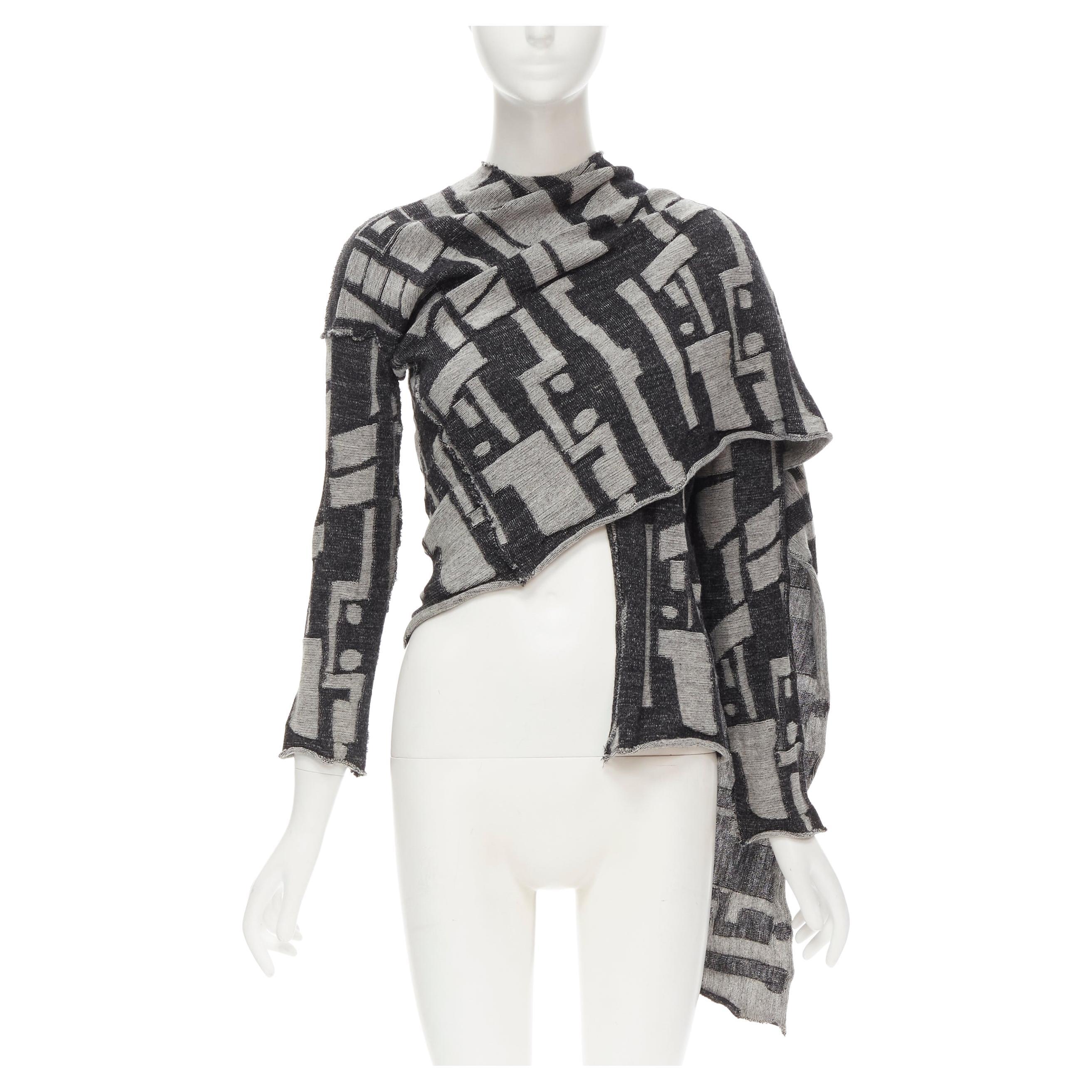 COMME DES GARCONS - Cardigan enveloppant en laine intarsia grise abstraite, années 1980 en vente