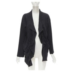 COMME DES GARCONS 1980er Jahre Vintage Grau-Schwarz gestreifte Wolljacke mit drapierter Vorderseite M