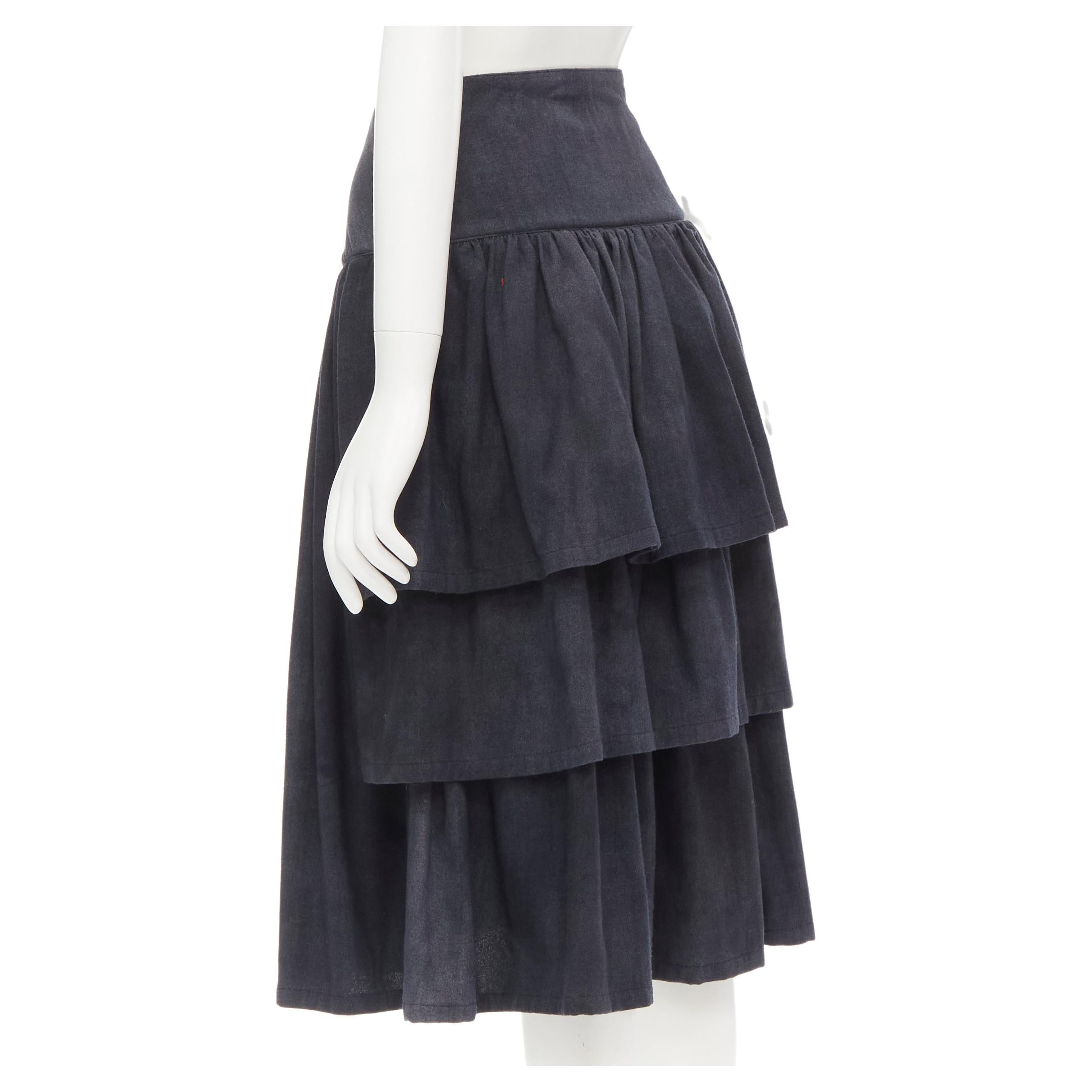 COMME DES GARCONS 1980's Vintage grey wool corset lace tiered flared skirt S For Sale