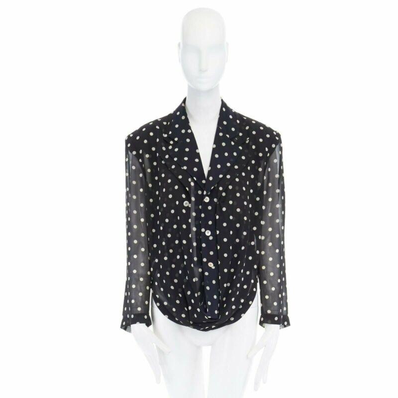 Black COMME DES GARCONS 1988 black navy polka dot dual layer draped front blazer S For Sale