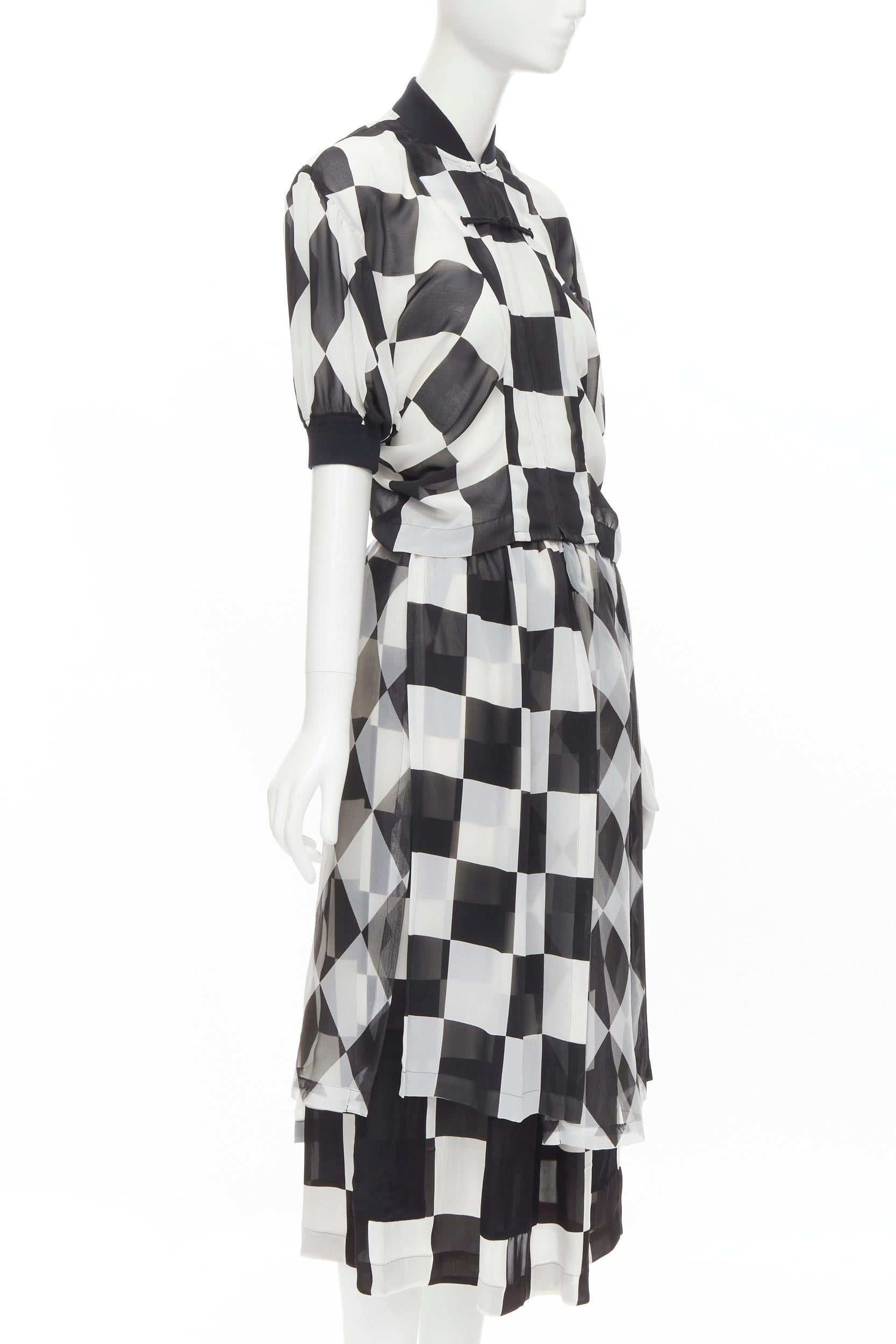 Gray COMME DES GARCONS 1988 Runway black white checkered bomber skirt set S For Sale