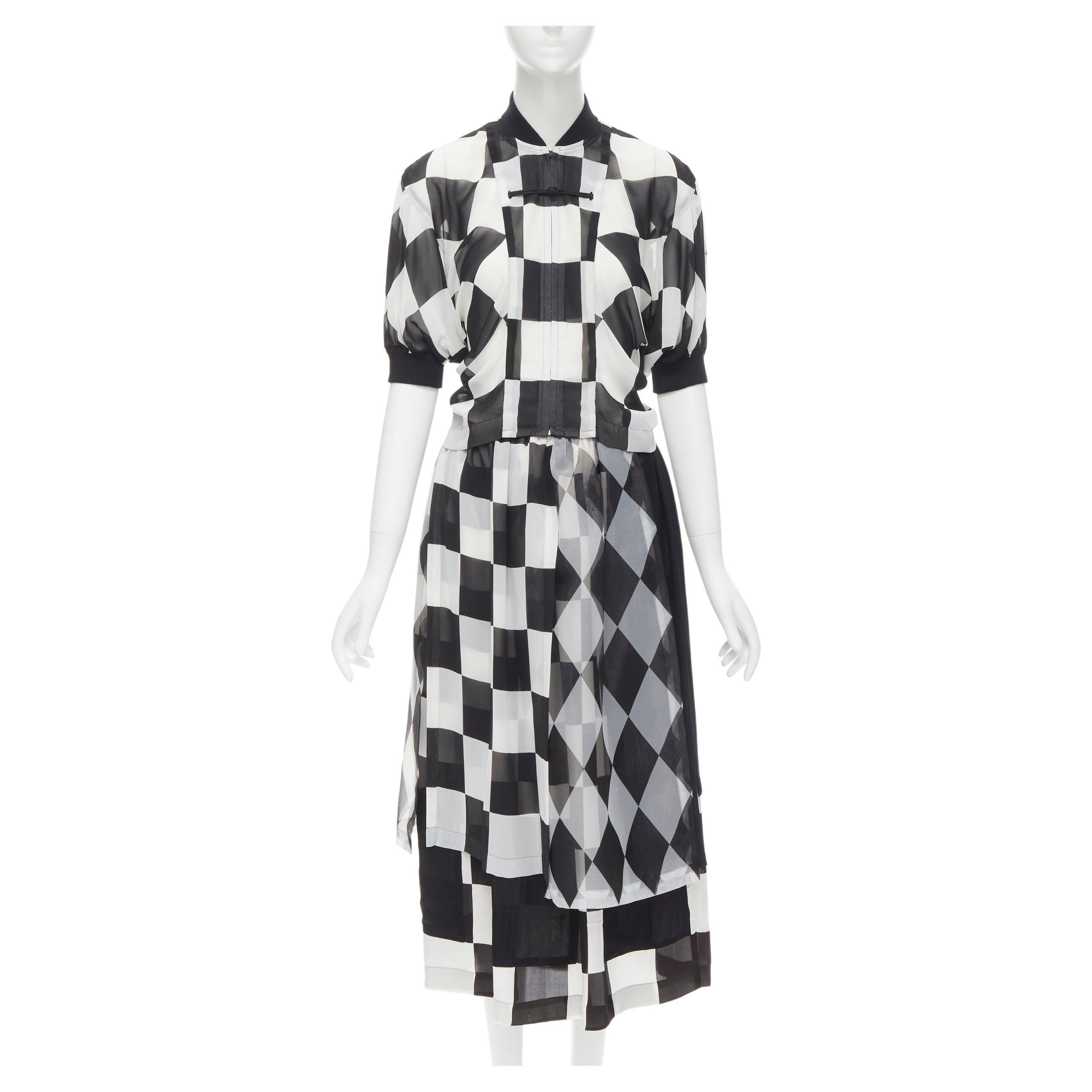 COMME DES GARCONS 1988 Runway black white checkered bomber skirt set S For Sale