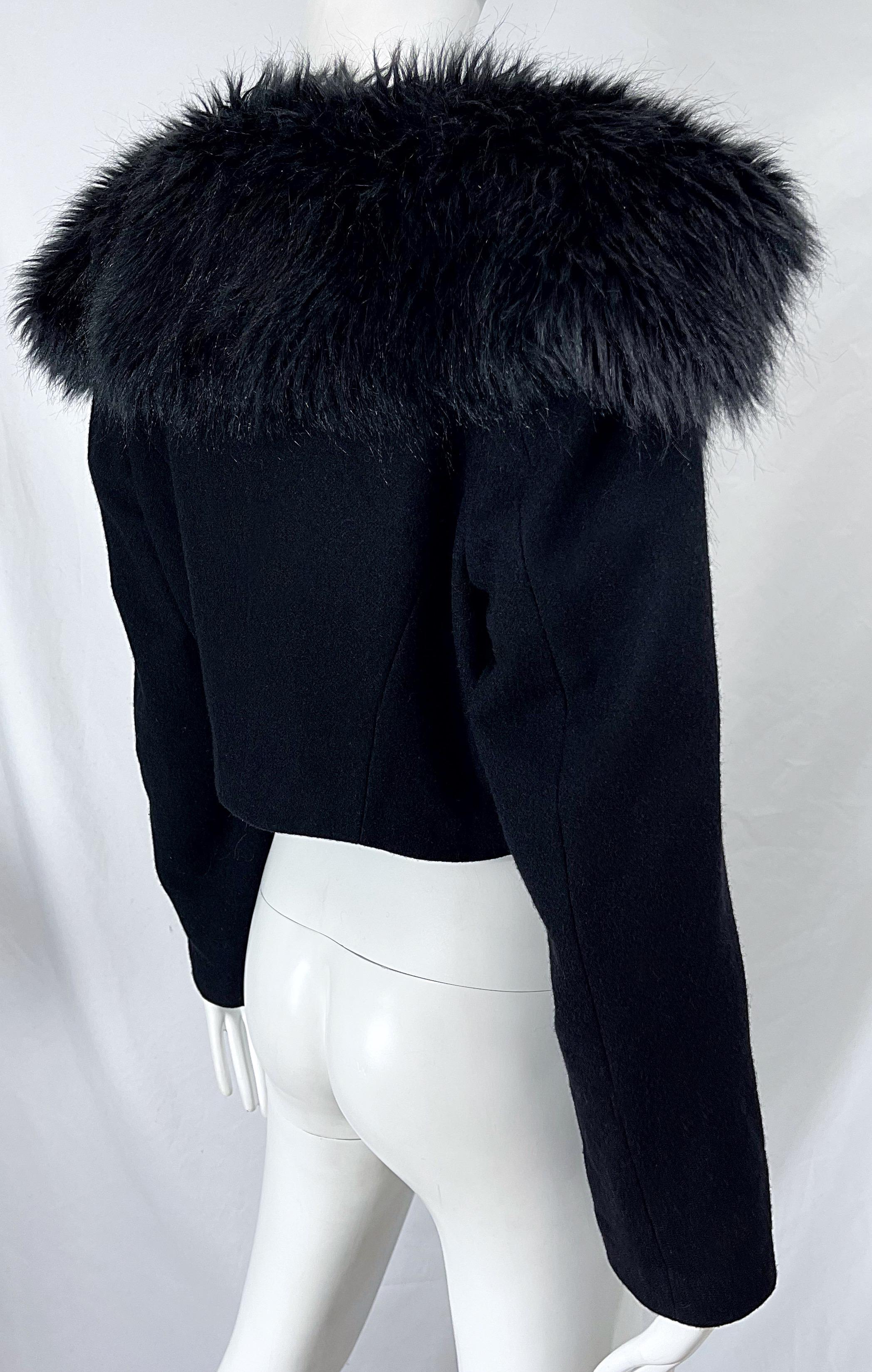 Comme Des Garçons 1990s Faux Fur Black Wool Vintage 90s Cropped Blazer Jacket For Sale 4