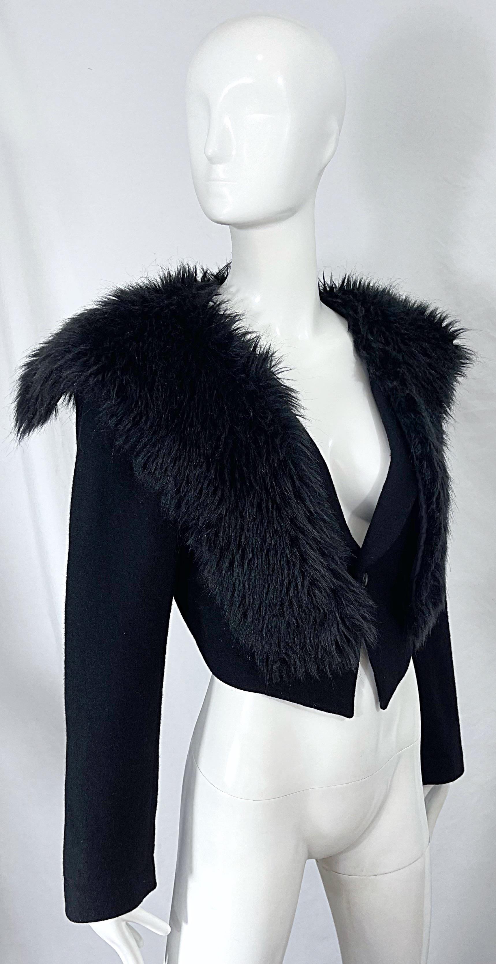 Comme Des Garçons 1990s Faux Fur Black Wool Vintage 90s Cropped Blazer Jacket For Sale 5