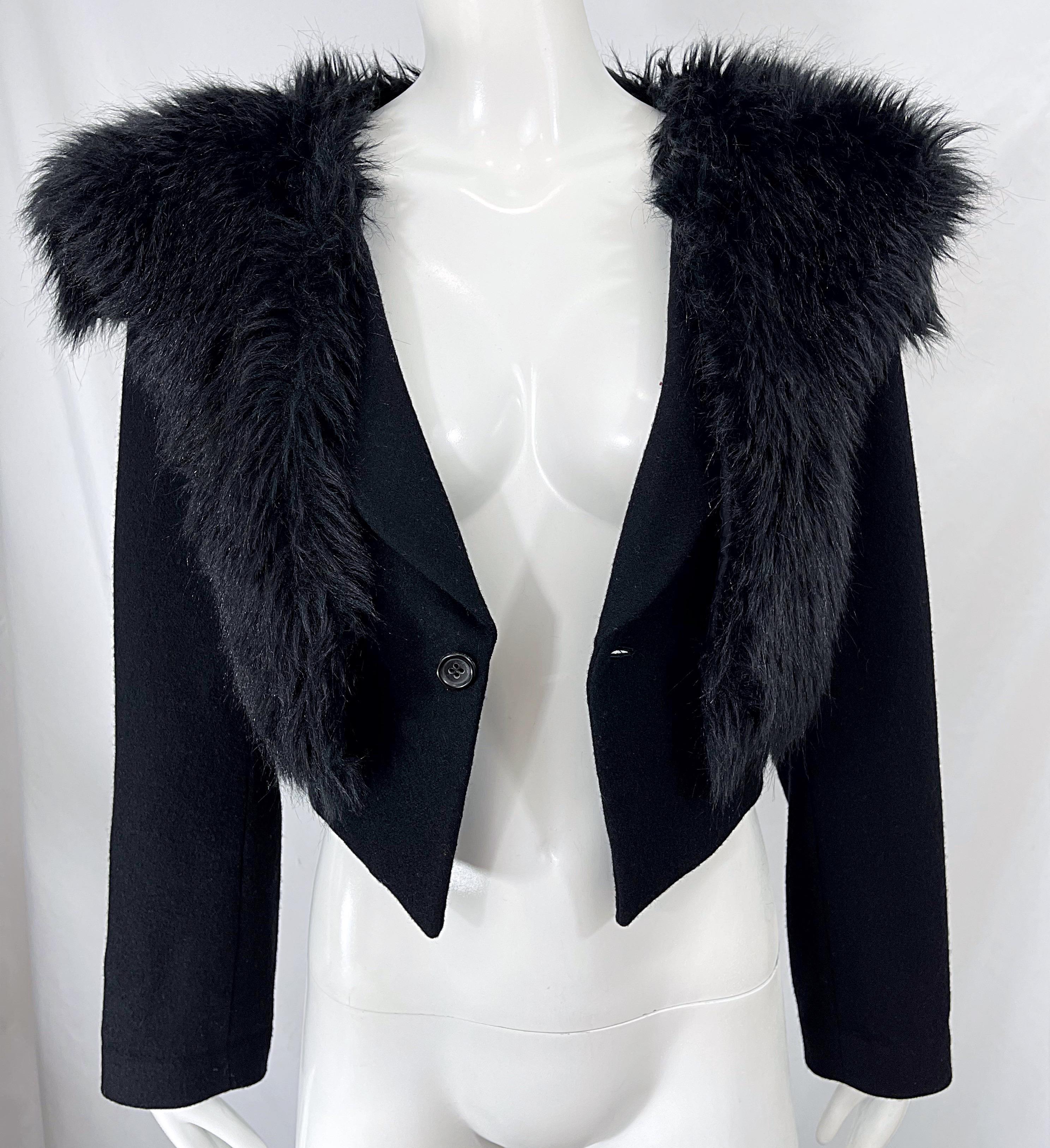 Comme Des Garçons 1990s Faux Fur Black Wool Vintage 90s Cropped Blazer Jacket For Sale 6