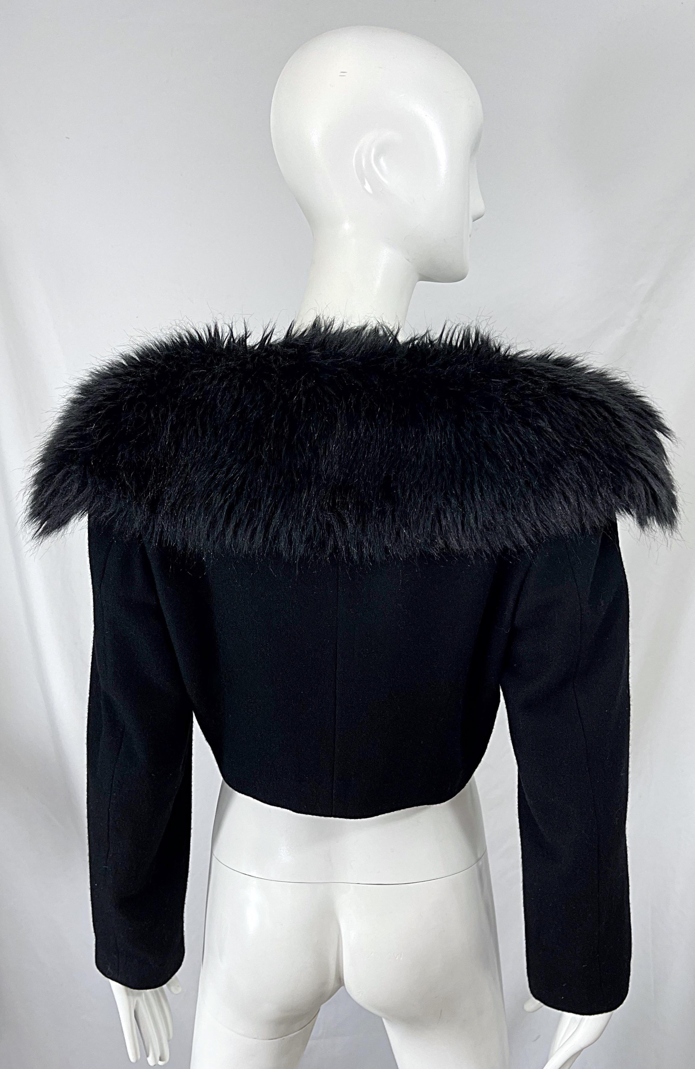 Comme Des Garçons 1990s Faux Fur Black Wool Vintage 90s Cropped Blazer Jacket For Sale 7