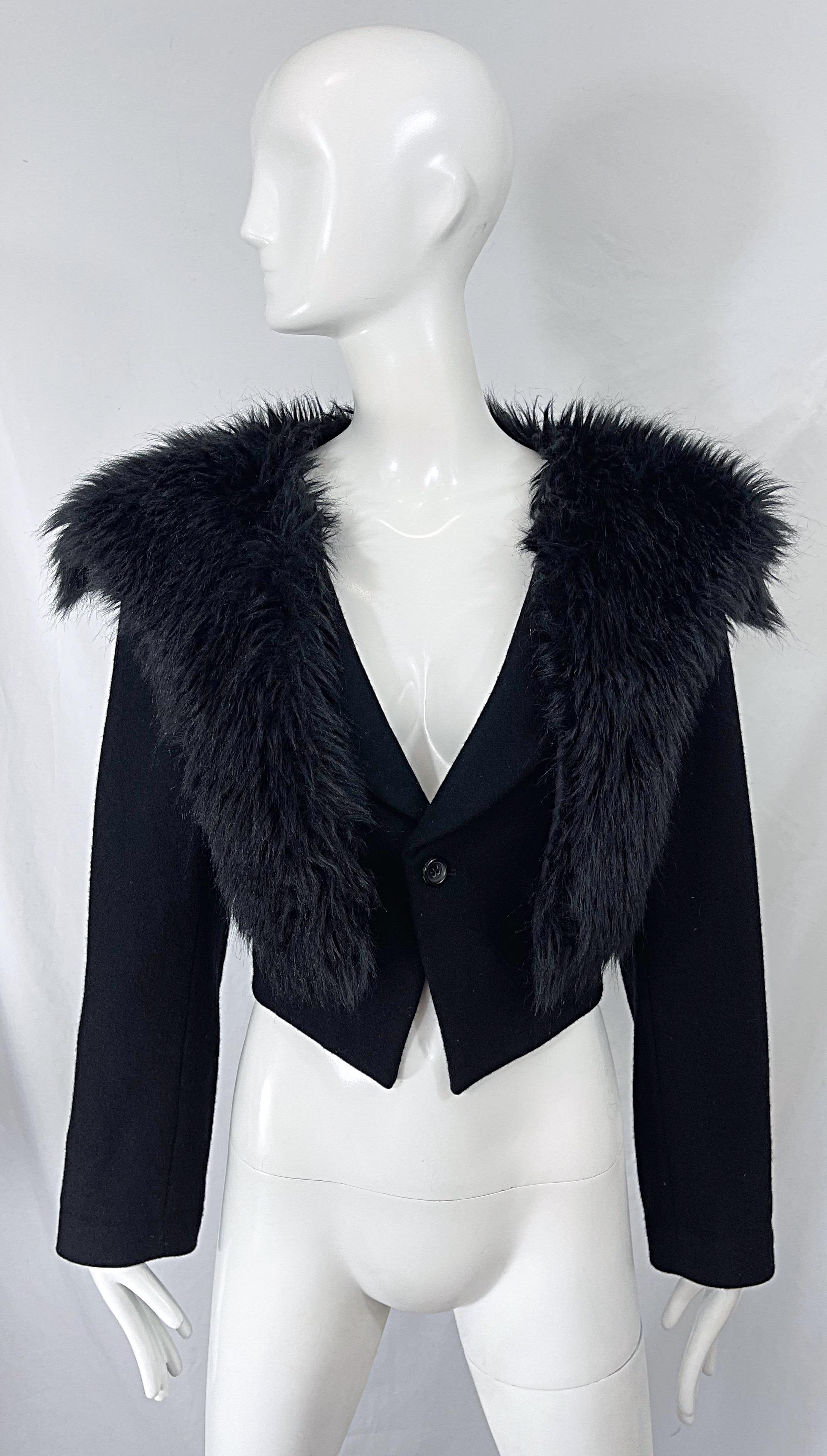 Comme Des Garçons 1990s Faux Fur Black Wool Vintage 90s Cropped Blazer Jacket For Sale 8