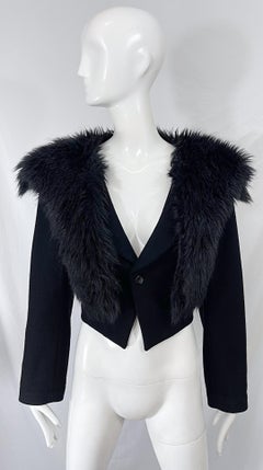 Comme Des Garçons 1990s Faux Fur Black Wool Vintage 90s Cropped Blazer Jacket