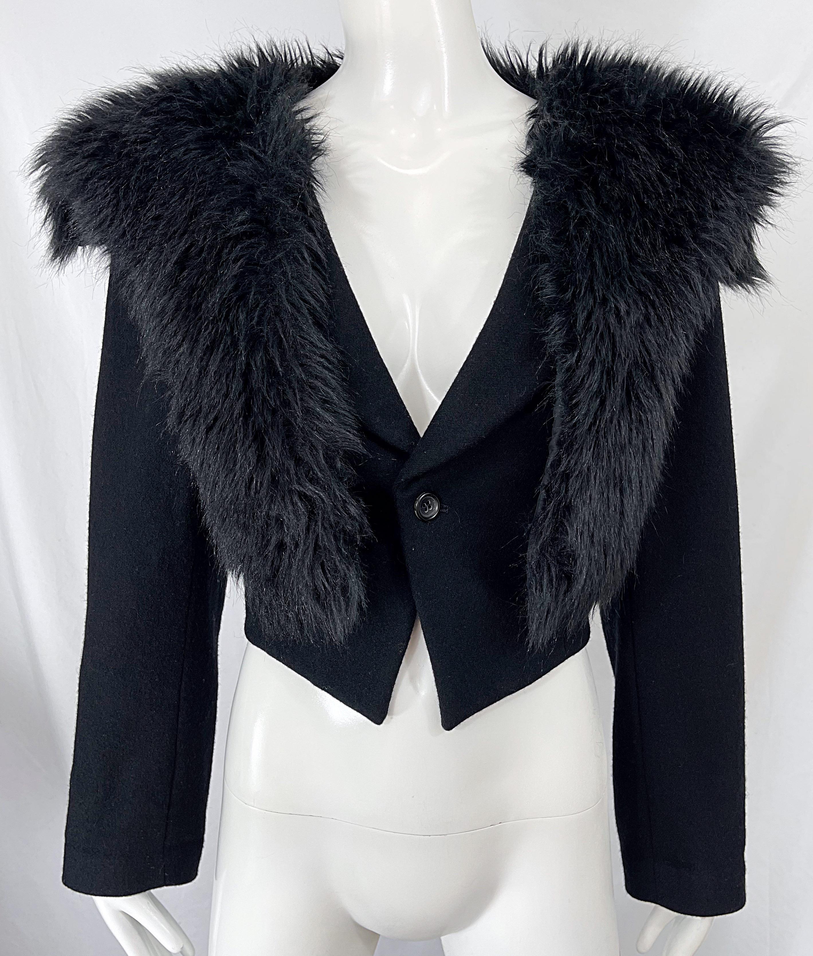 Comme Des Garçons 1990 Faux Fur Black Wool Vintage 90s Cropped Blazer Jacket Pour femmes en vente