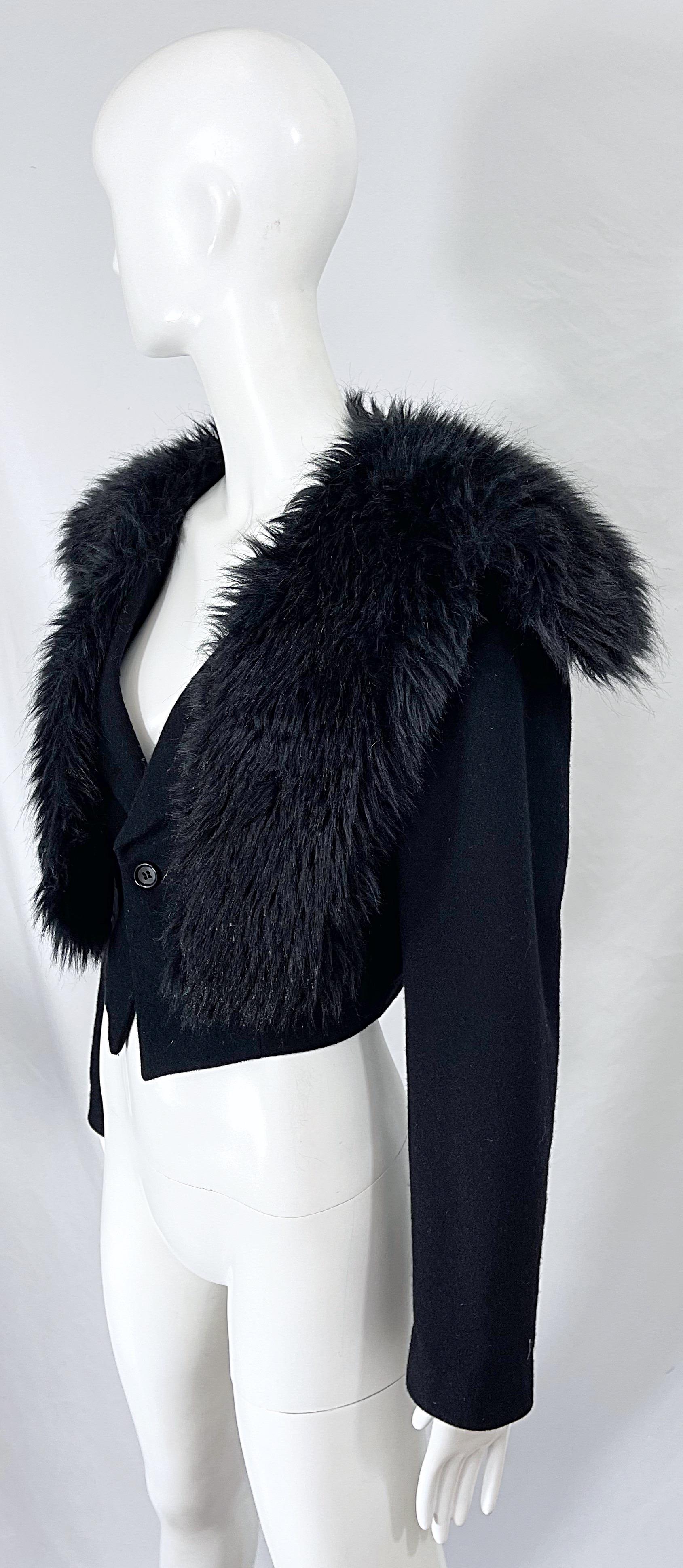 Comme Des Garçons 1990s Faux Fur Black Wool Vintage 90s Cropped Blazer Jacket In Excellent Condition For Sale In San Diego, CA