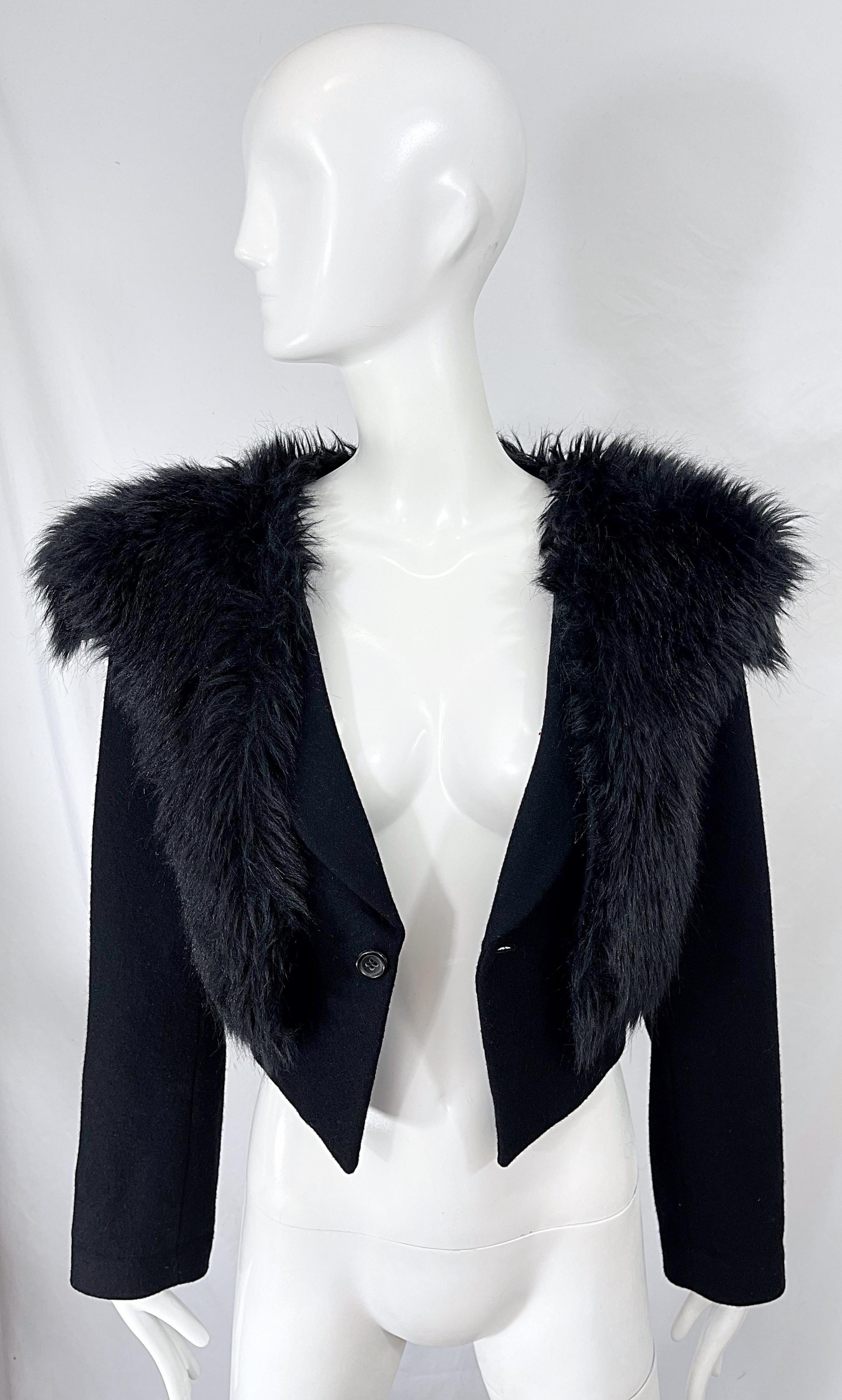 Women's Comme Des Garçons 1990s Faux Fur Black Wool Vintage 90s Cropped Blazer Jacket For Sale