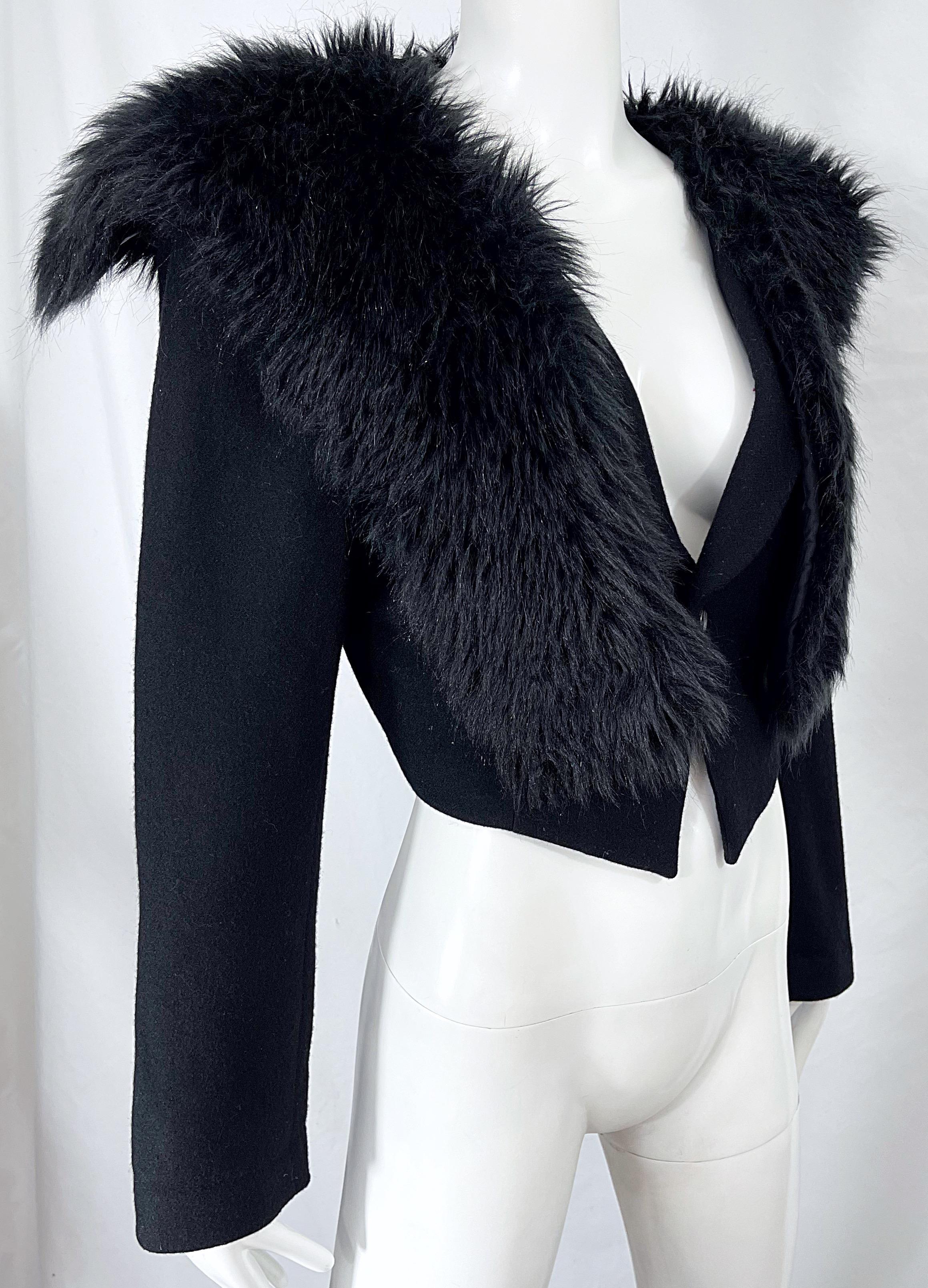 Comme Des Garçons 1990s Faux Fur Black Wool Vintage 90s Cropped Blazer Jacket For Sale 1