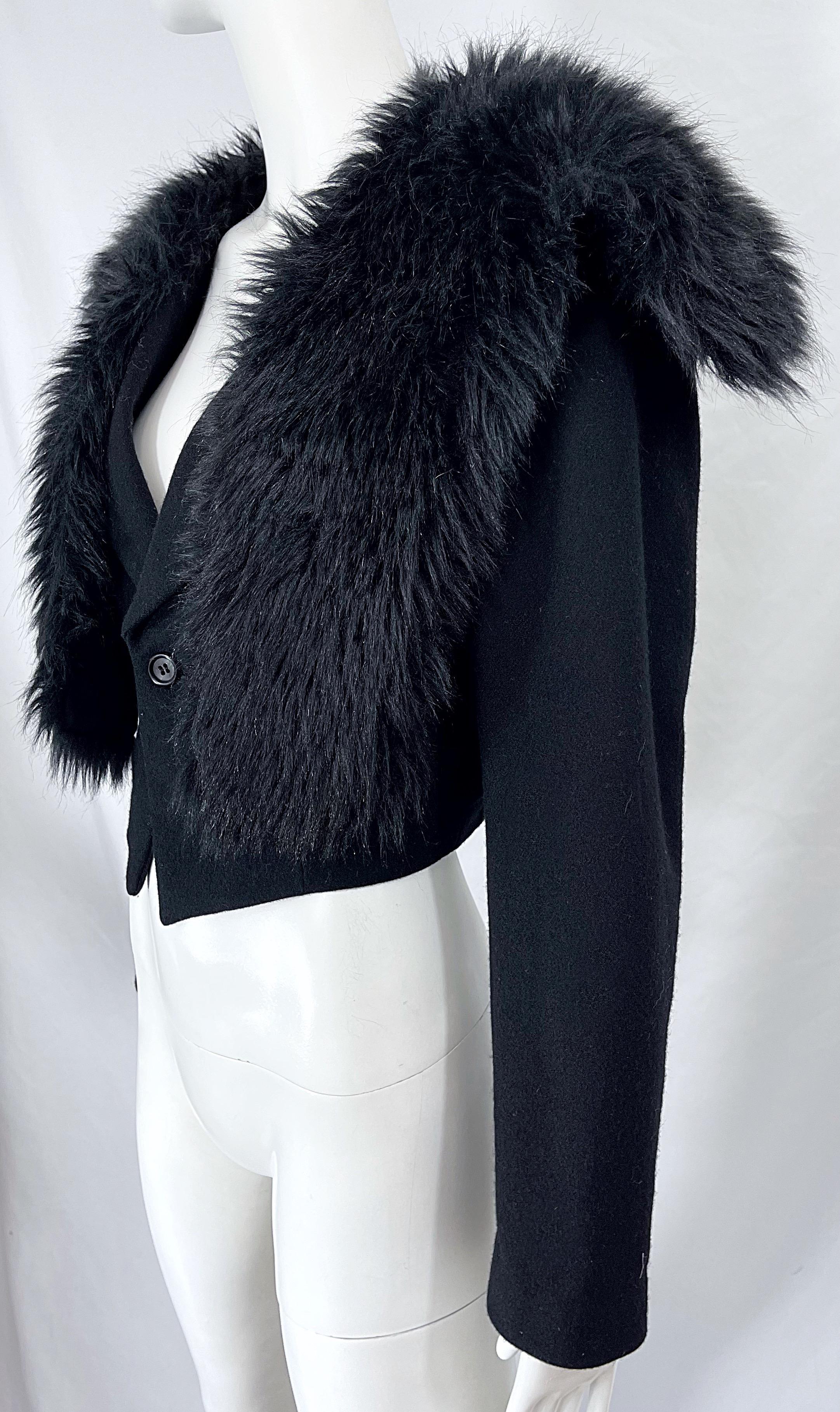 Comme Des Garçons 1990s Faux Fur Black Wool Vintage 90s Cropped Blazer Jacket For Sale 2