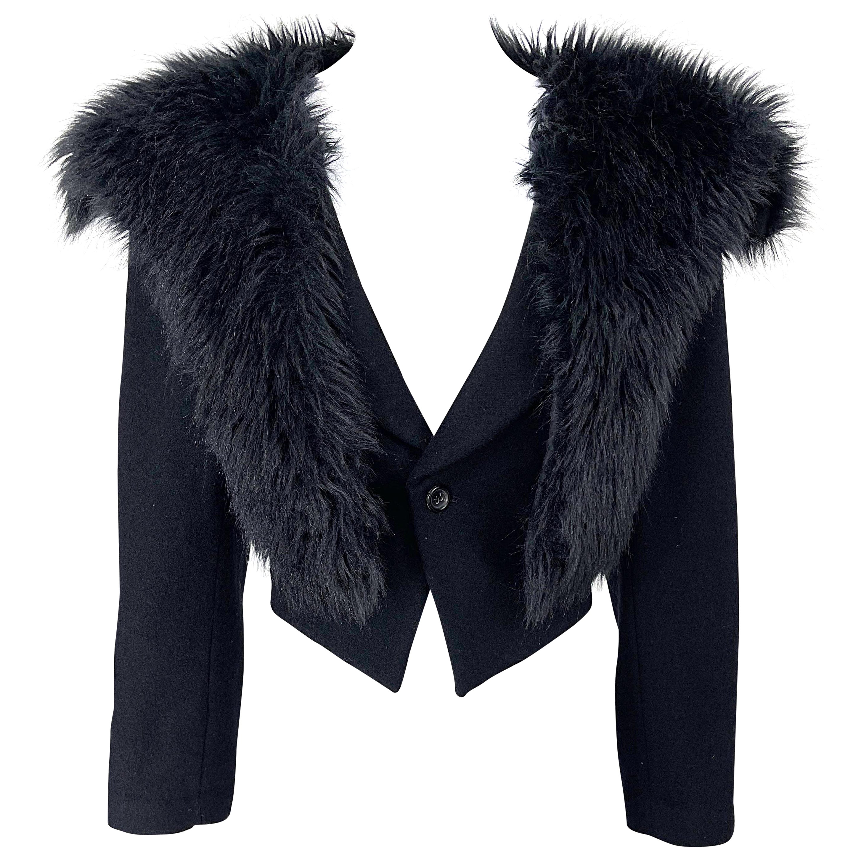 Comme Des Garçons 1990 Faux Fur Black Wool Vintage 90s Cropped Blazer Jacket en vente