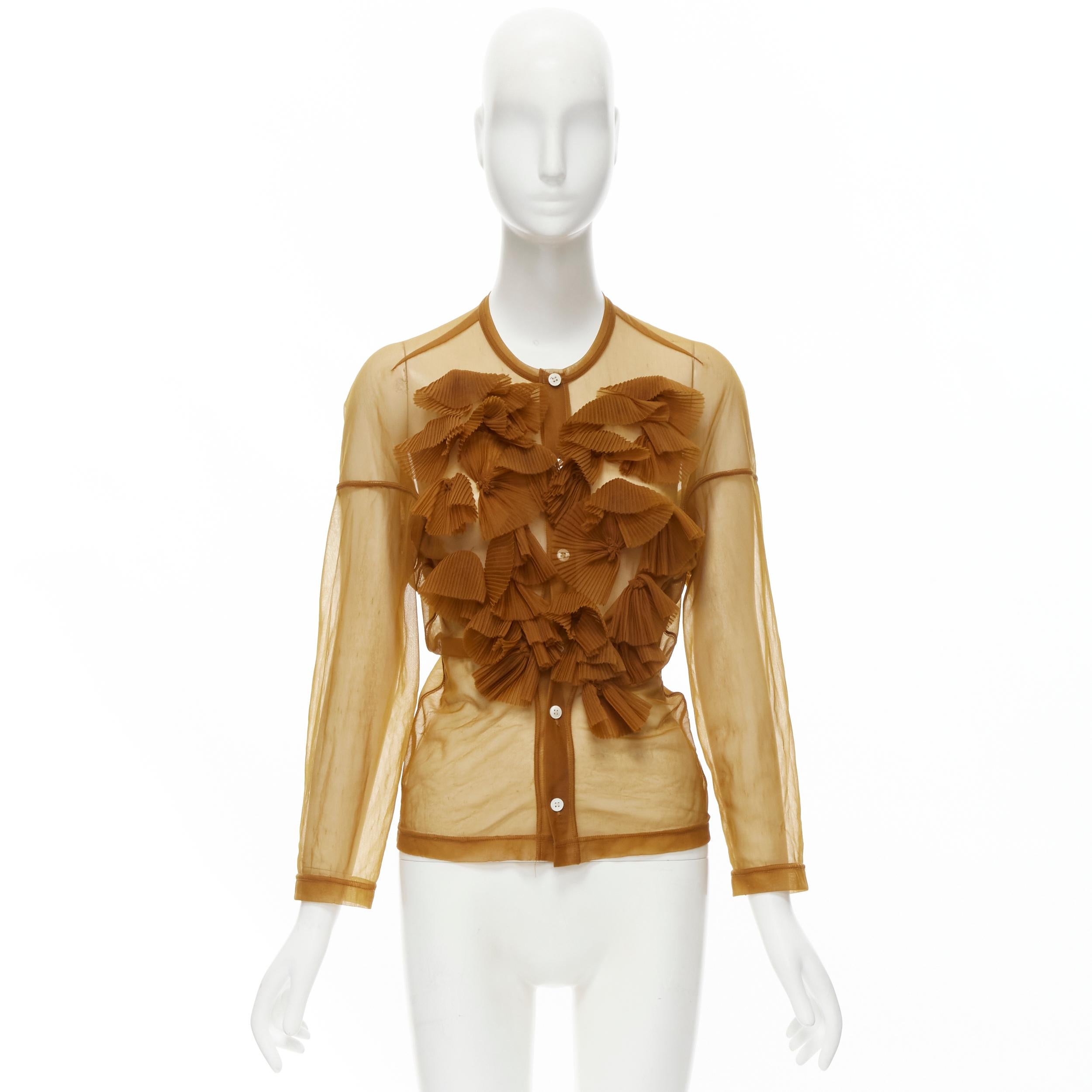 COMME DES GARCONS 1990s sheer brown pleated ruffle button front long sleeve shir For Sale 3