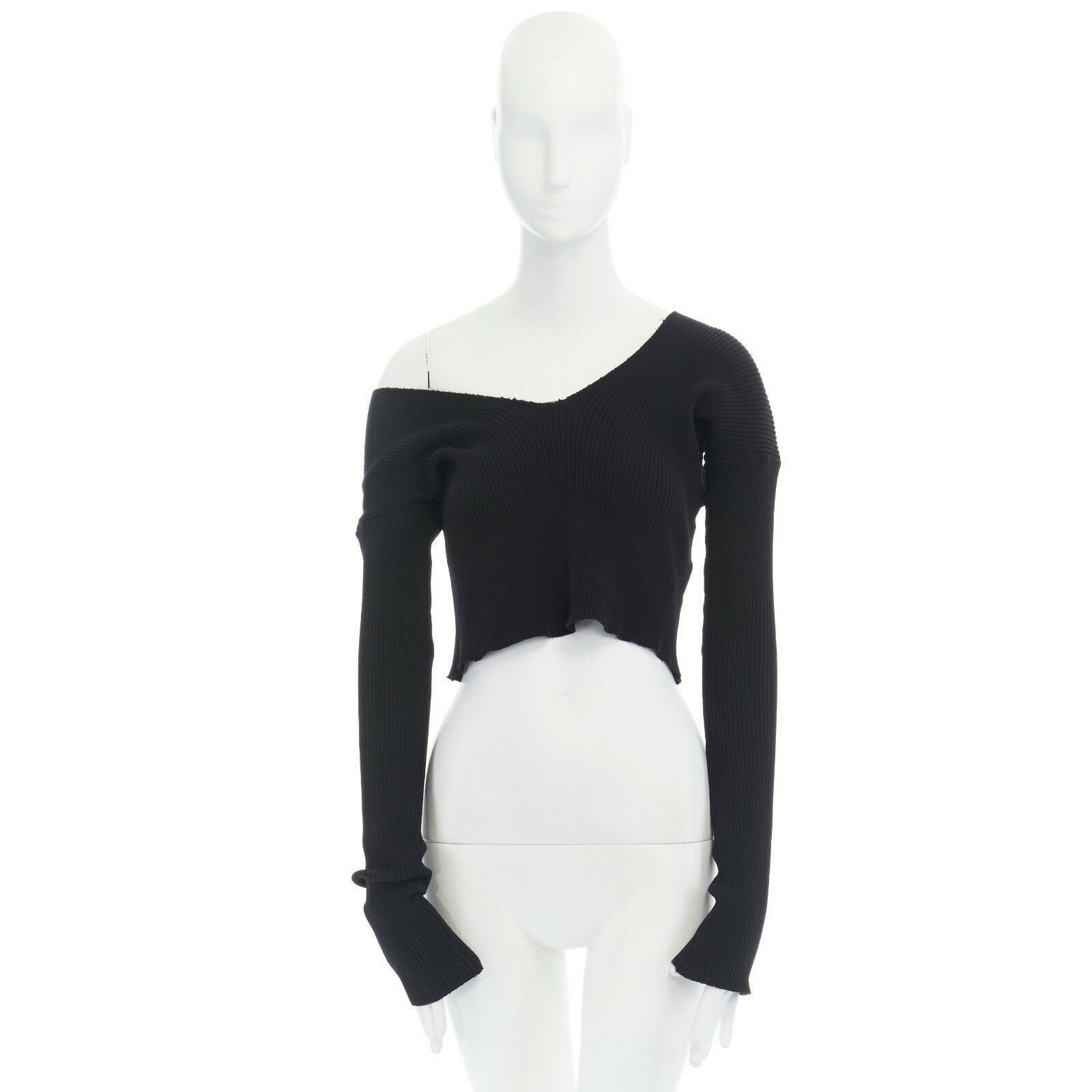Black COMME DES GARCONS 1991 black sock knit ribbed raw V-neck cropped sweater top S