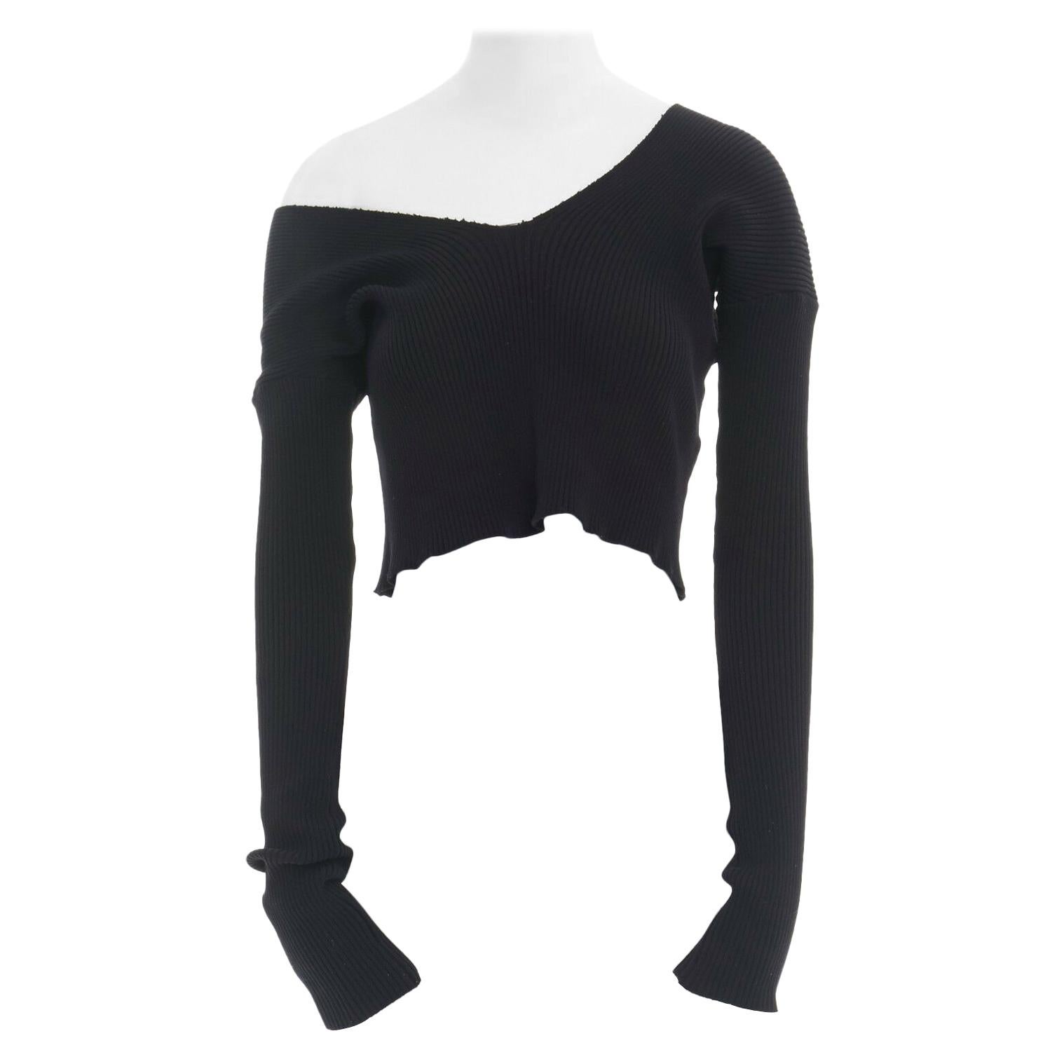 COMME DES GARCONS 1991 black sock knit ribbed raw V-neck cropped sweater top S