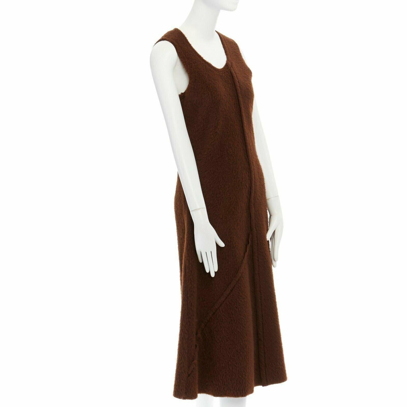 Black COMME DES GARCONS 1993 brown reversed seam fuzzy plush wool midi dress M