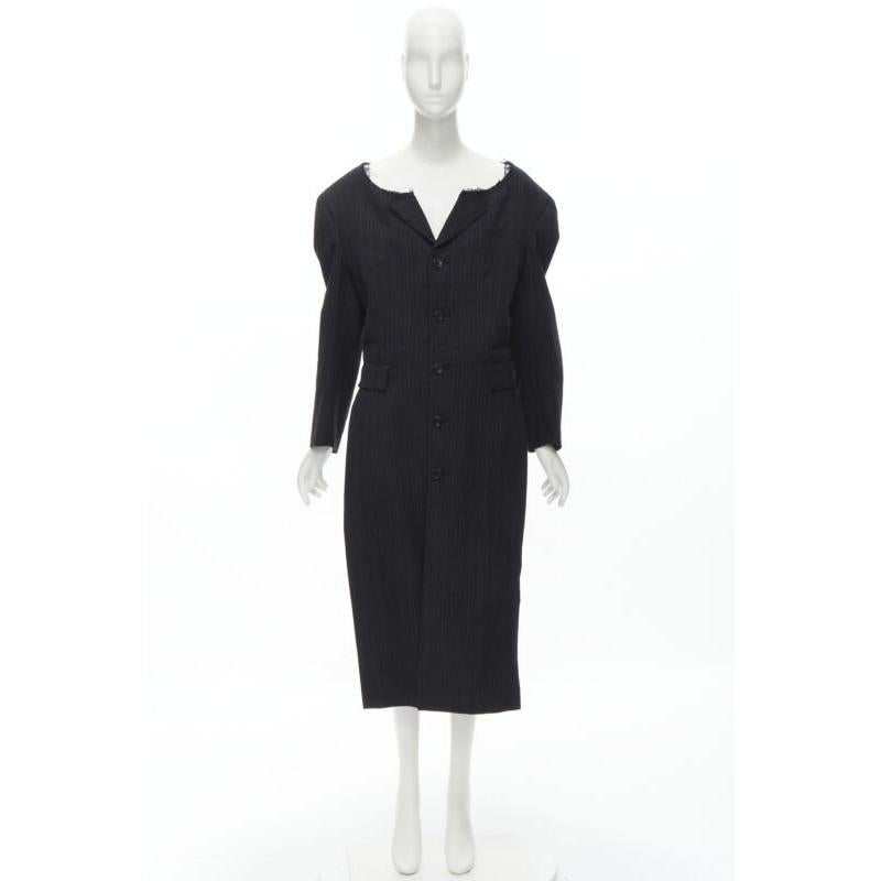 COMME DES GARCONS 1994 dark grey pinstripe frayed cut collar boxy coat M For Sale 7