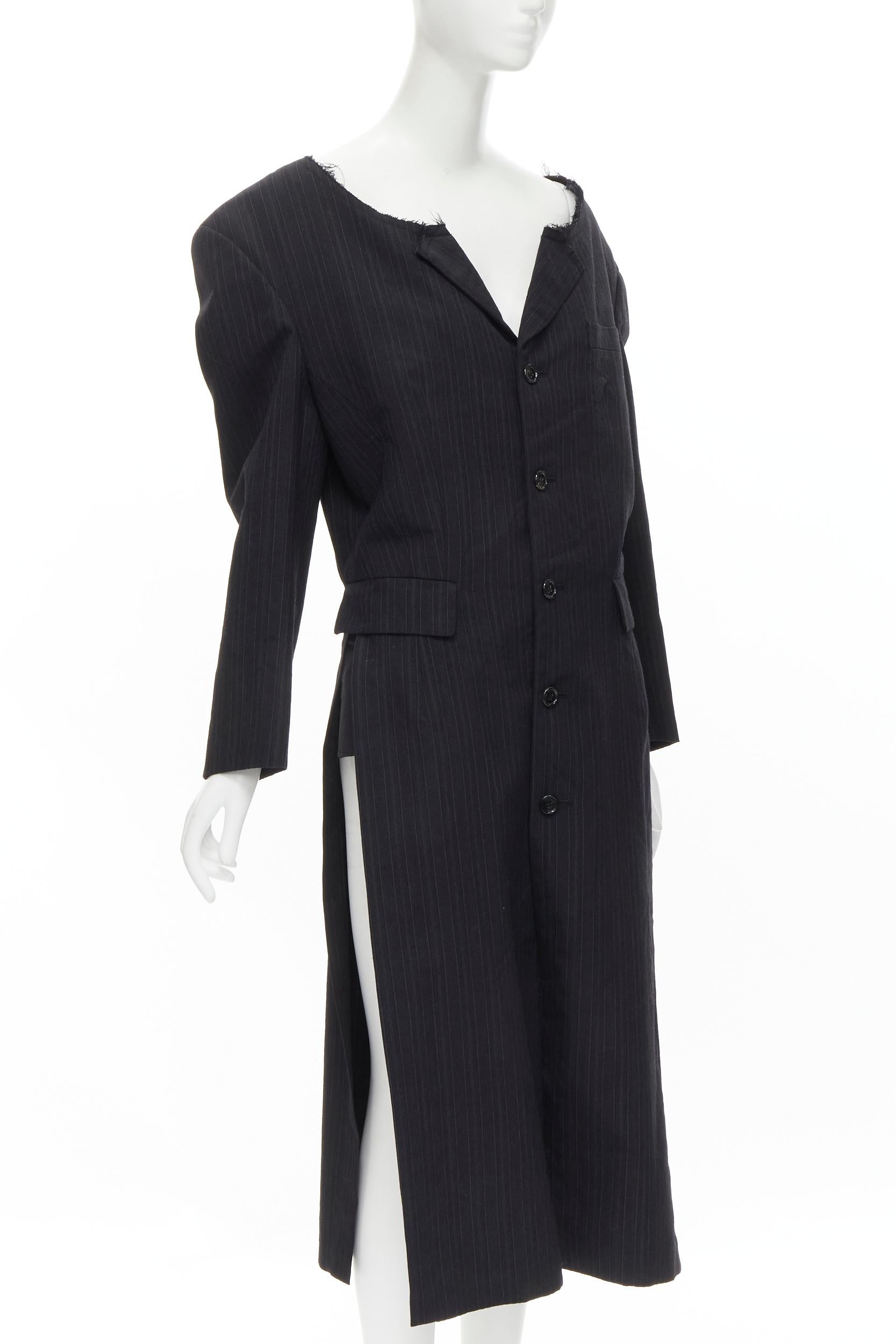 Black COMME DES GARCONS 1994 dark grey pinstripe frayed cut collar boxy coat M For Sale