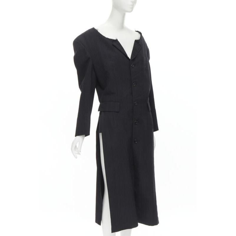 Black COMME DES GARCONS 1994 dark grey pinstripe frayed cut collar boxy coat M For Sale
