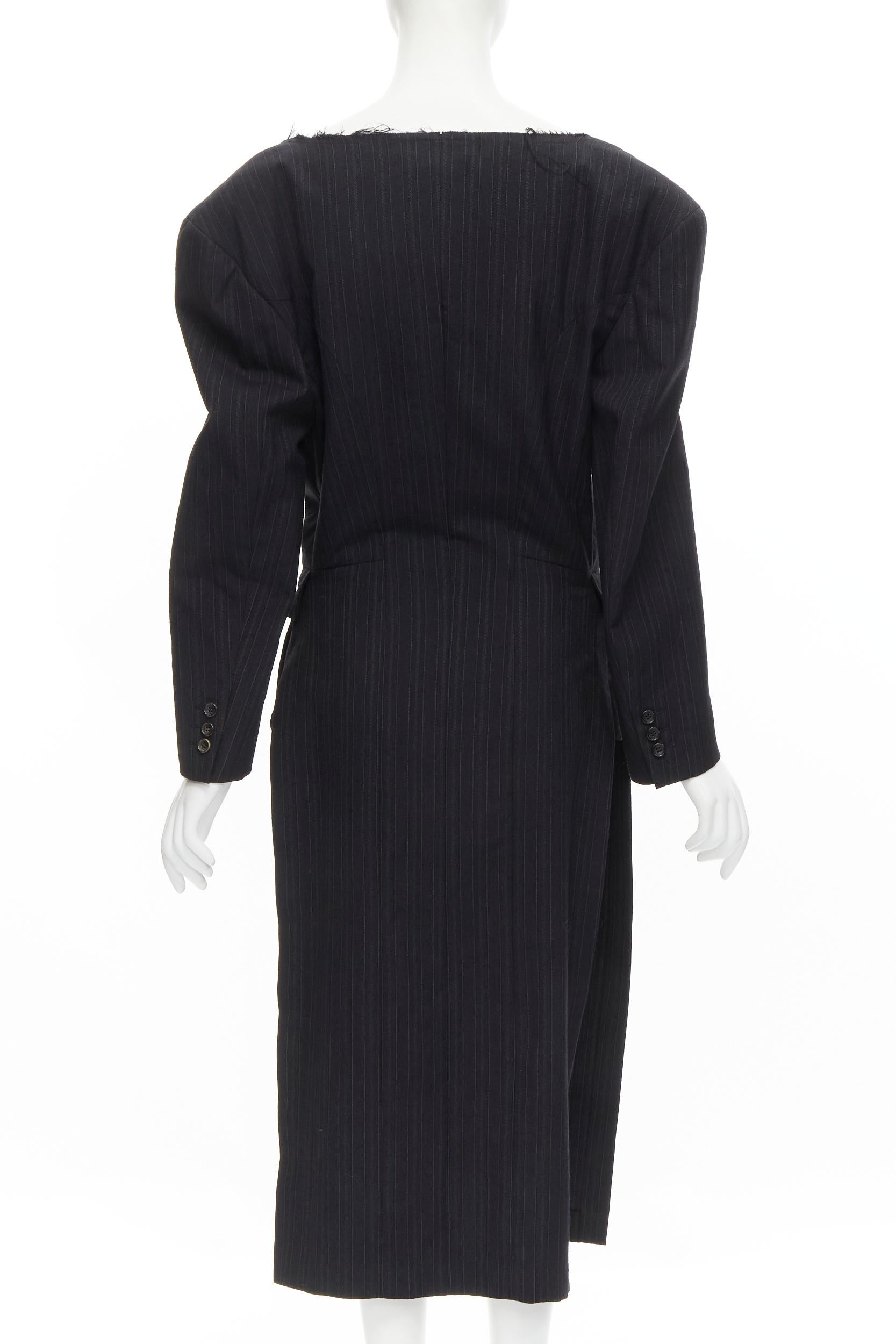 Women's COMME DES GARCONS 1994 dark grey pinstripe frayed cut collar boxy coat M For Sale