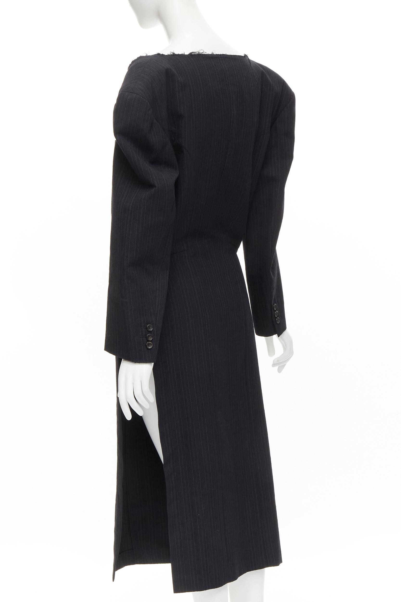 COMME DES GARCONS 1994 dark grey pinstripe frayed cut collar boxy coat M For Sale 1