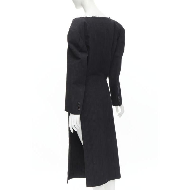 COMME DES GARCONS 1994 dark grey pinstripe frayed cut collar boxy coat M For Sale 1