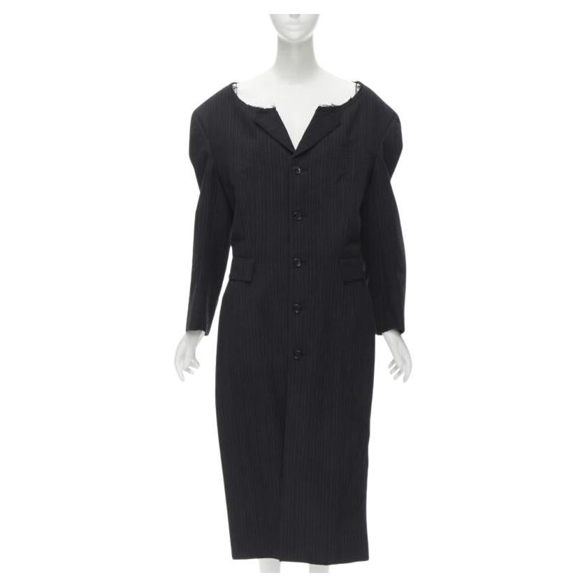 COMME DES GARCONS 1994 dark grey pinstripe frayed cut collar boxy coat M For Sale