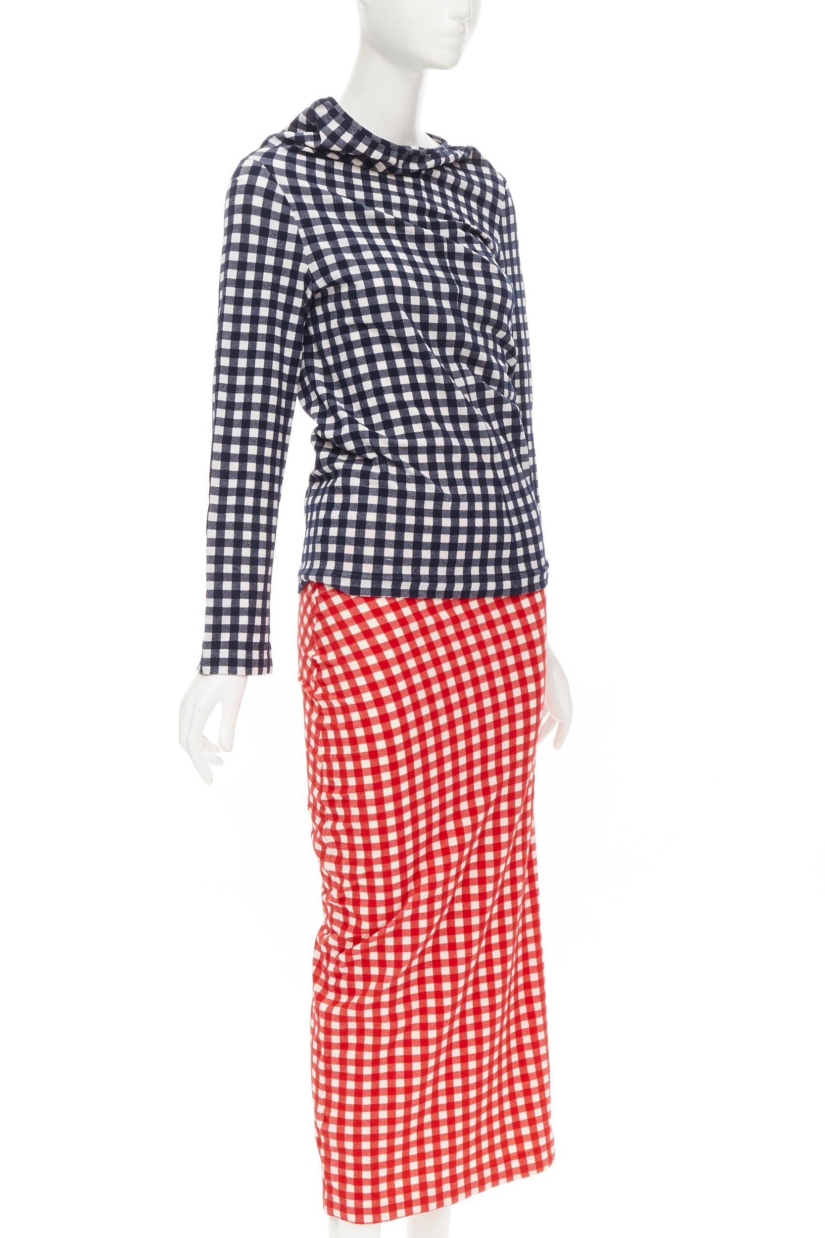 COMME DES GARCONS 1997 Vintage Lumps and Bumps gingham checked blue red set 
Reference: CRTI/A00722 
Brand: Comme Des Garcons 
Designer: Rei Kawakubo 
Collection: 1997 Lumps & Bumps 
Material: Viscose 
Color: Red 
Pattern: Check 
Extra Detail: