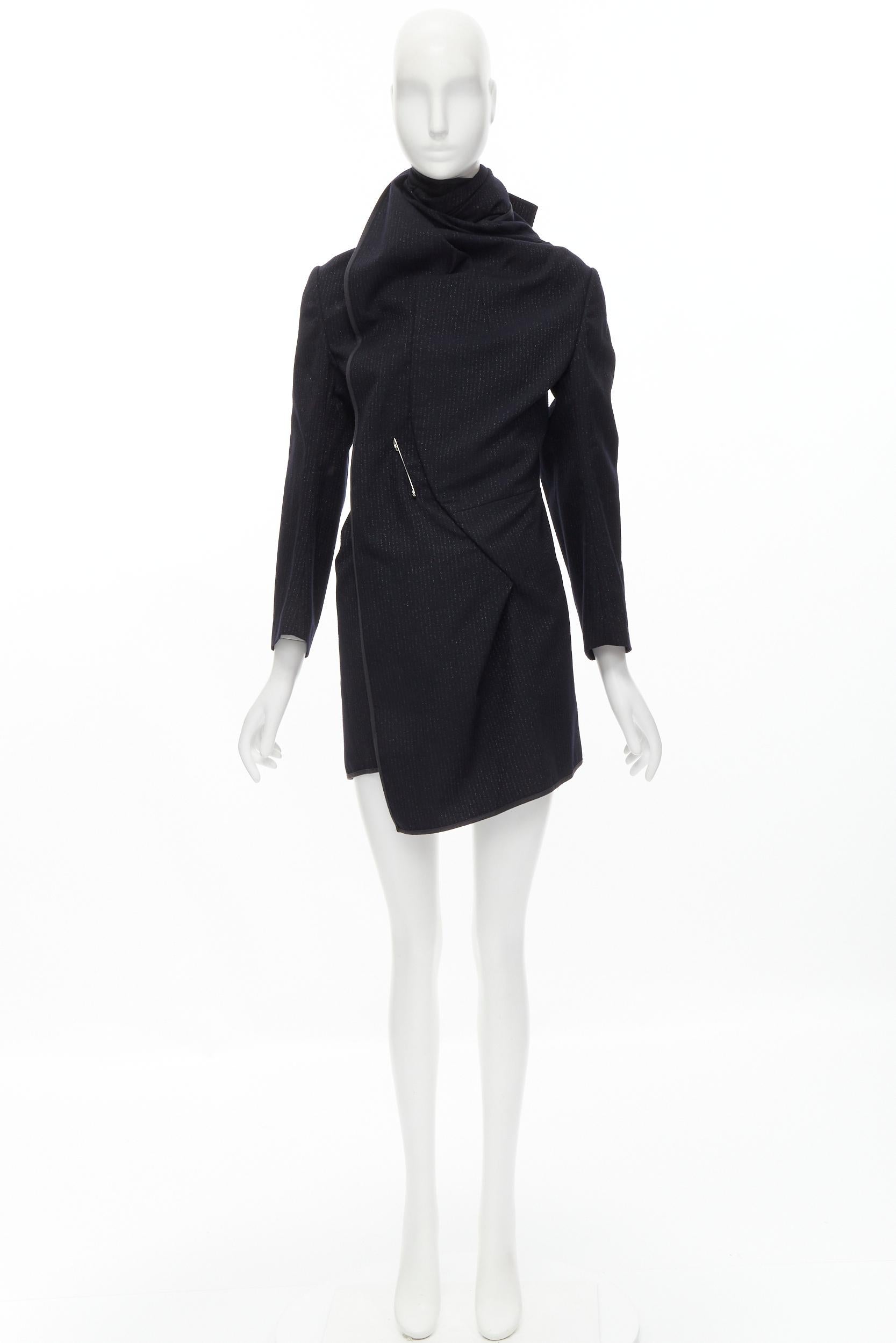 COMME DES GARCONS 1999 Vintage black silver pinstripe wool wrap draped coat S For Sale 7