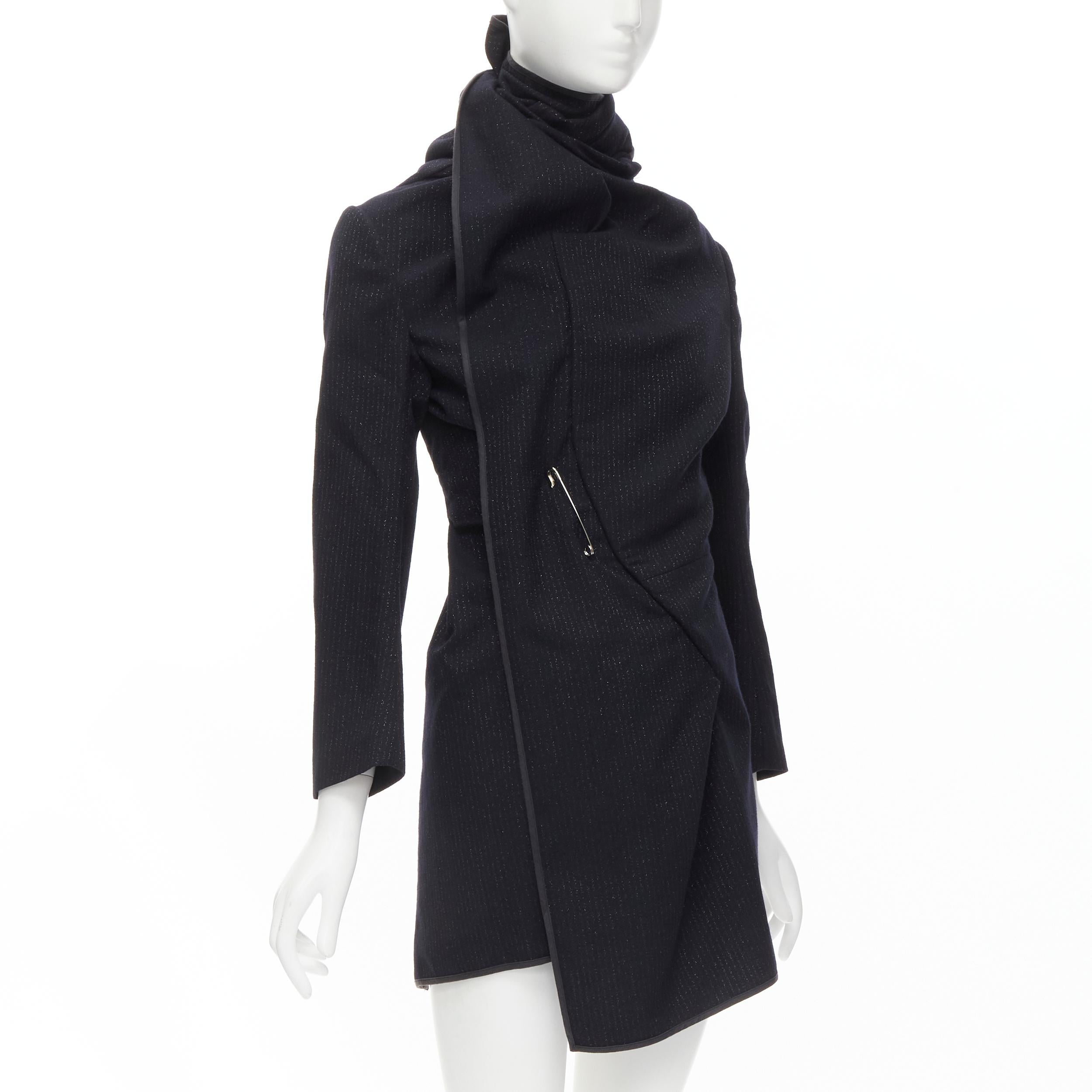 Black COMME DES GARCONS 1999 Vintage black silver pinstripe wool wrap draped coat S For Sale