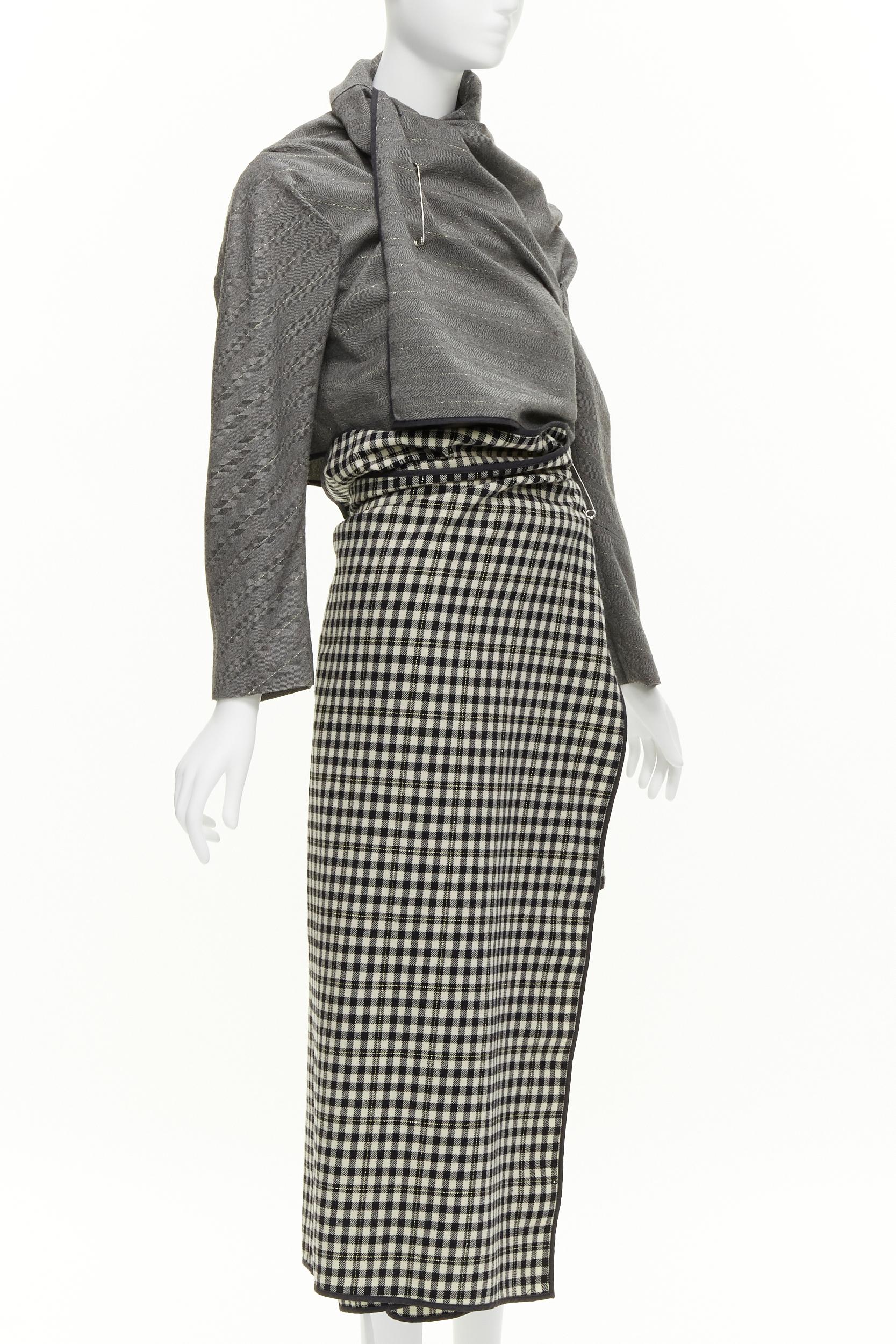 COMME DES GARCONS 1999 Vintage Runway grey wrap jacket checked skirt set In Excellent Condition In Hong Kong, NT