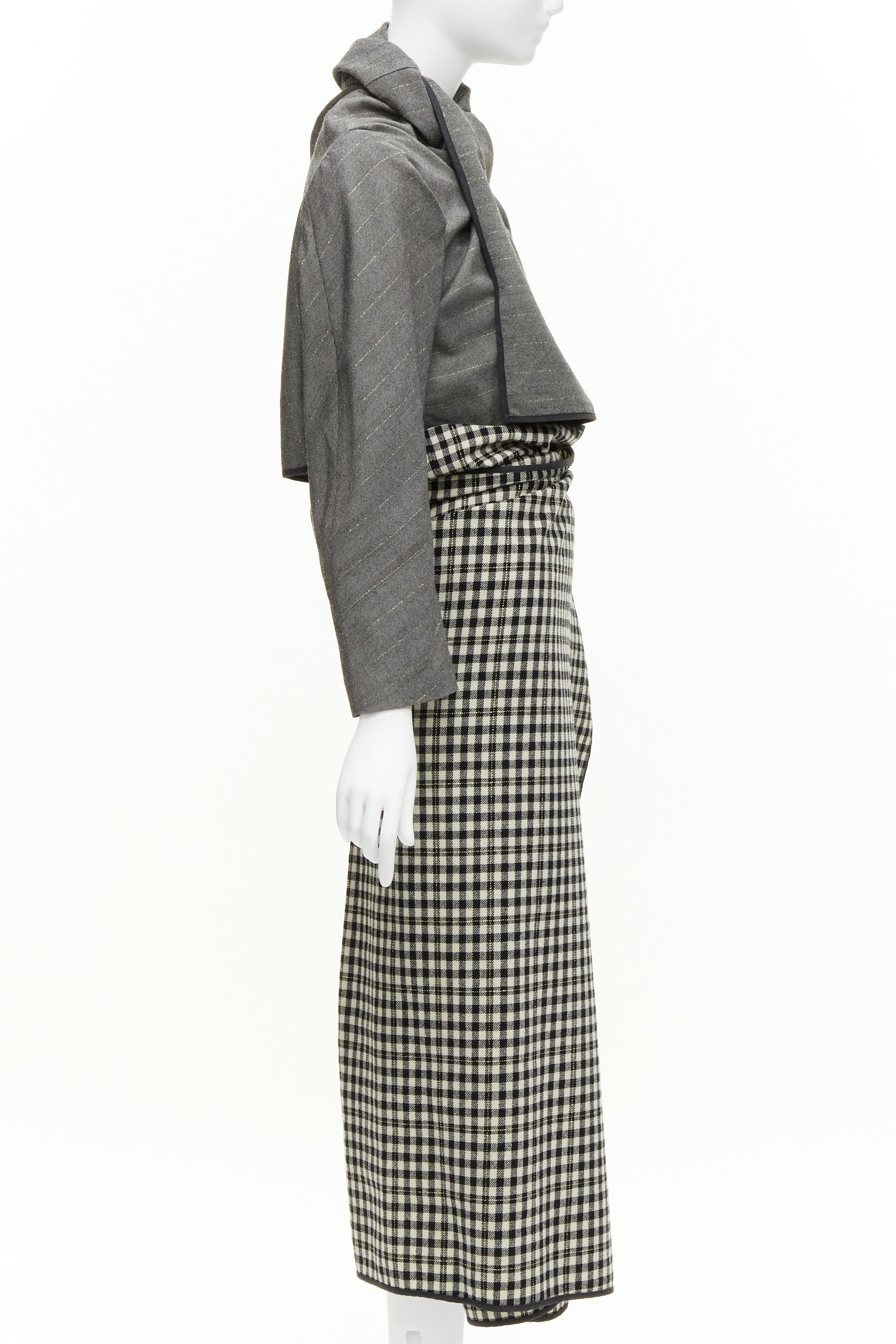 COMME DES GARCONS 1999 Vintage Runway grey wrap jacket checked skirt set In Excellent Condition For Sale In Hong Kong, NT