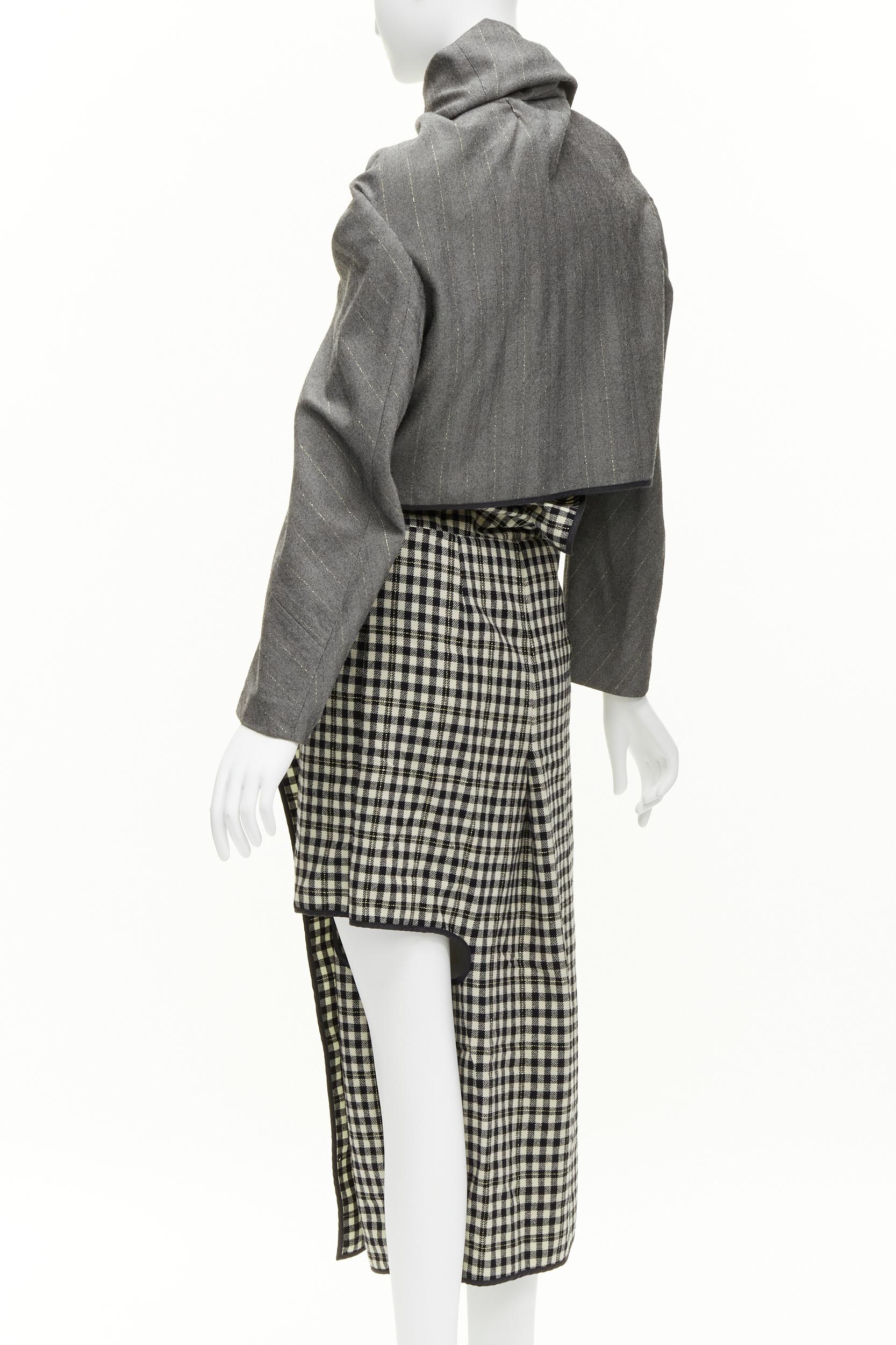 COMME DES GARCONS 1999 Vintage Runway grey wrap jacket checked skirt set For Sale 1