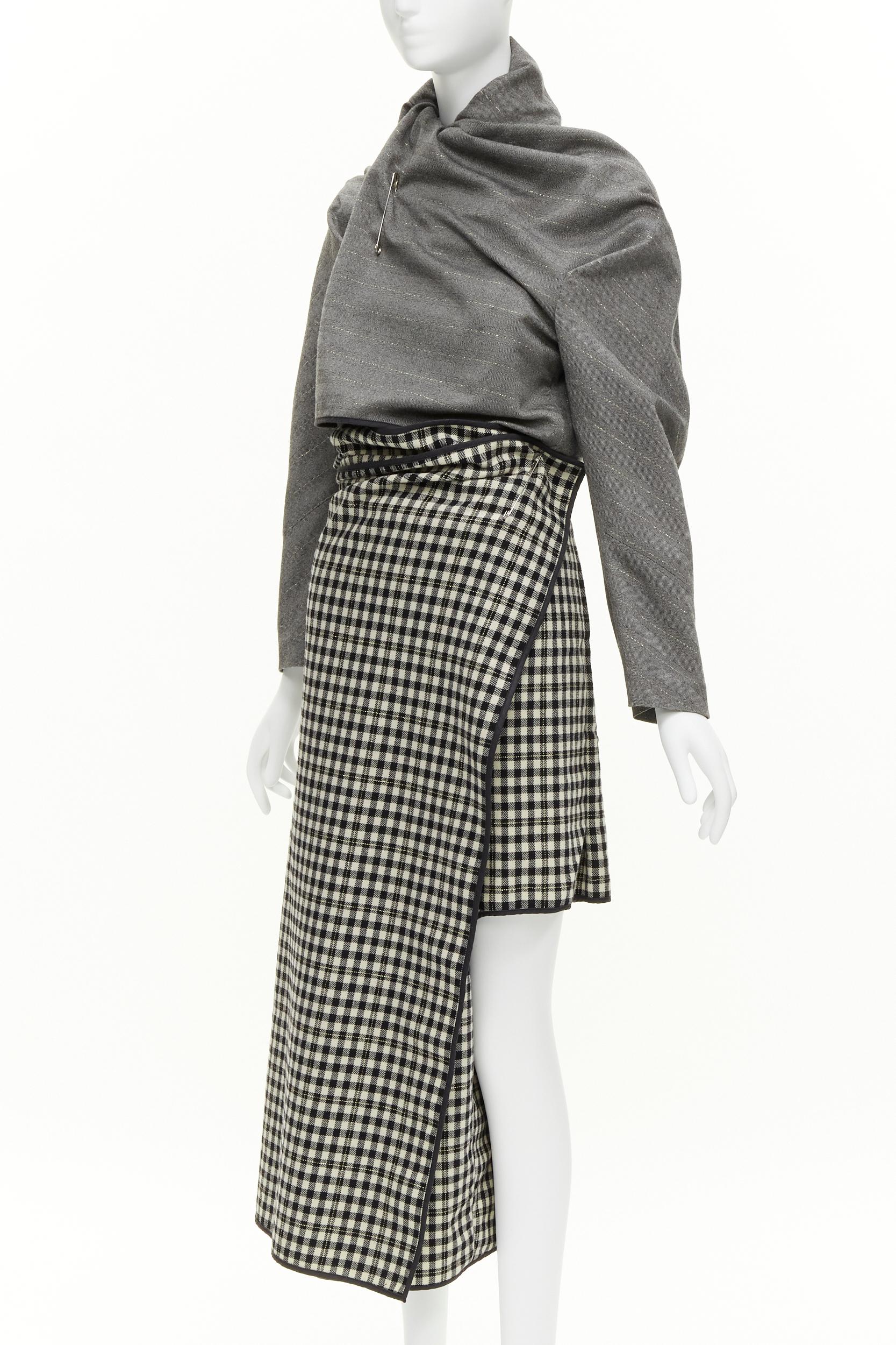COMME DES GARCONS 1999 Vintage Runway grey wrap jacket checked skirt set For Sale 3