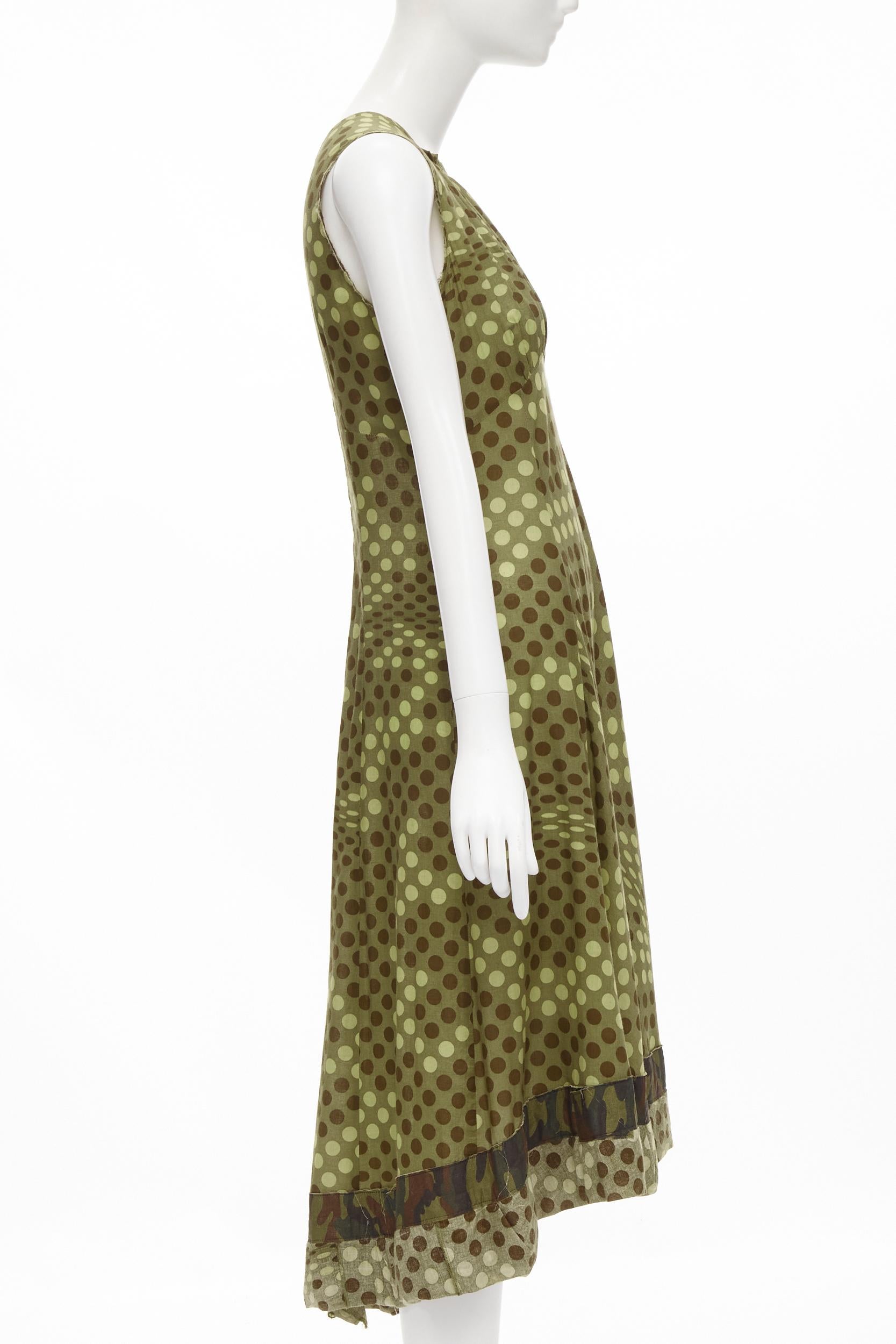 Brown COMME DES GARCONS 2000 green polka dot cotton camouflage hem midi dress M For Sale