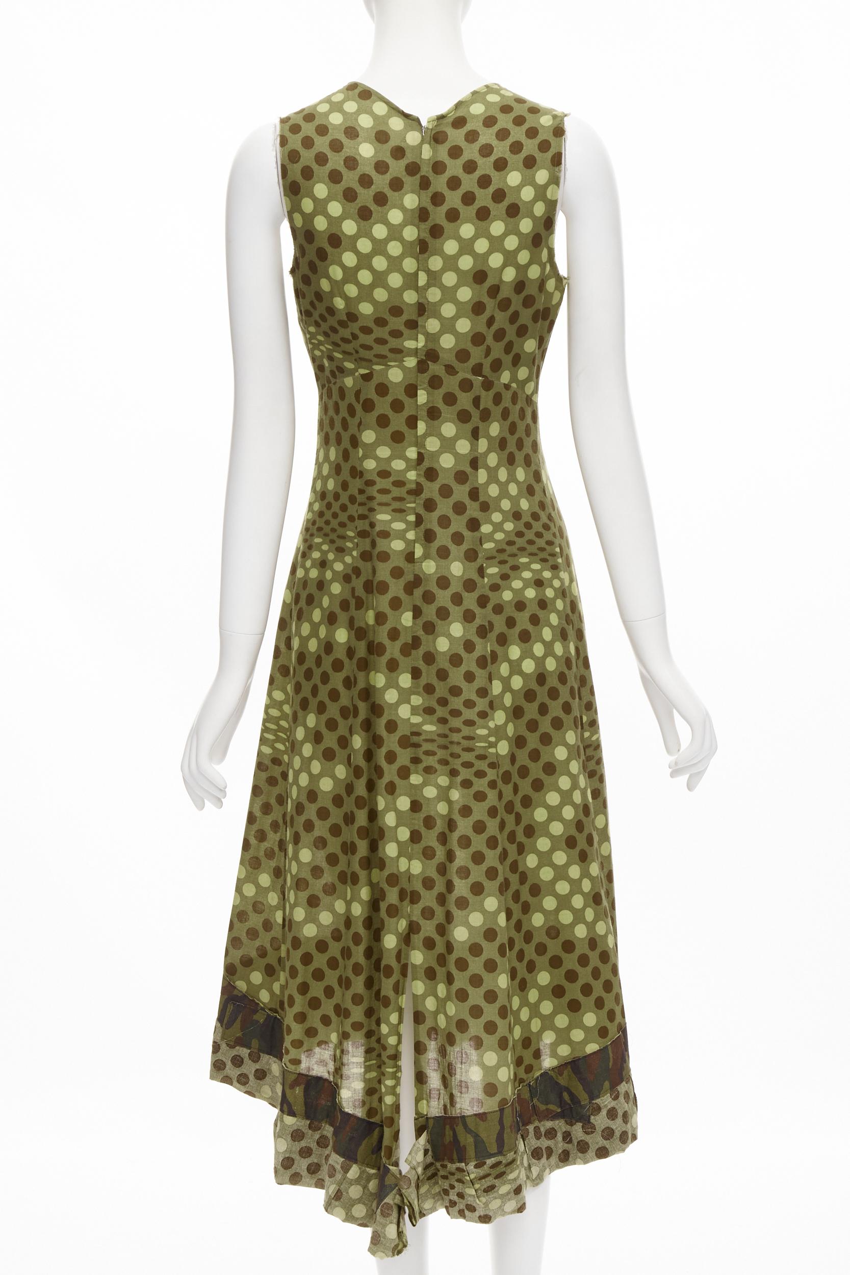 COMME DES GARCONS 2000 green polka dot cotton camouflage hem midi dress M In Excellent Condition For Sale In Hong Kong, NT