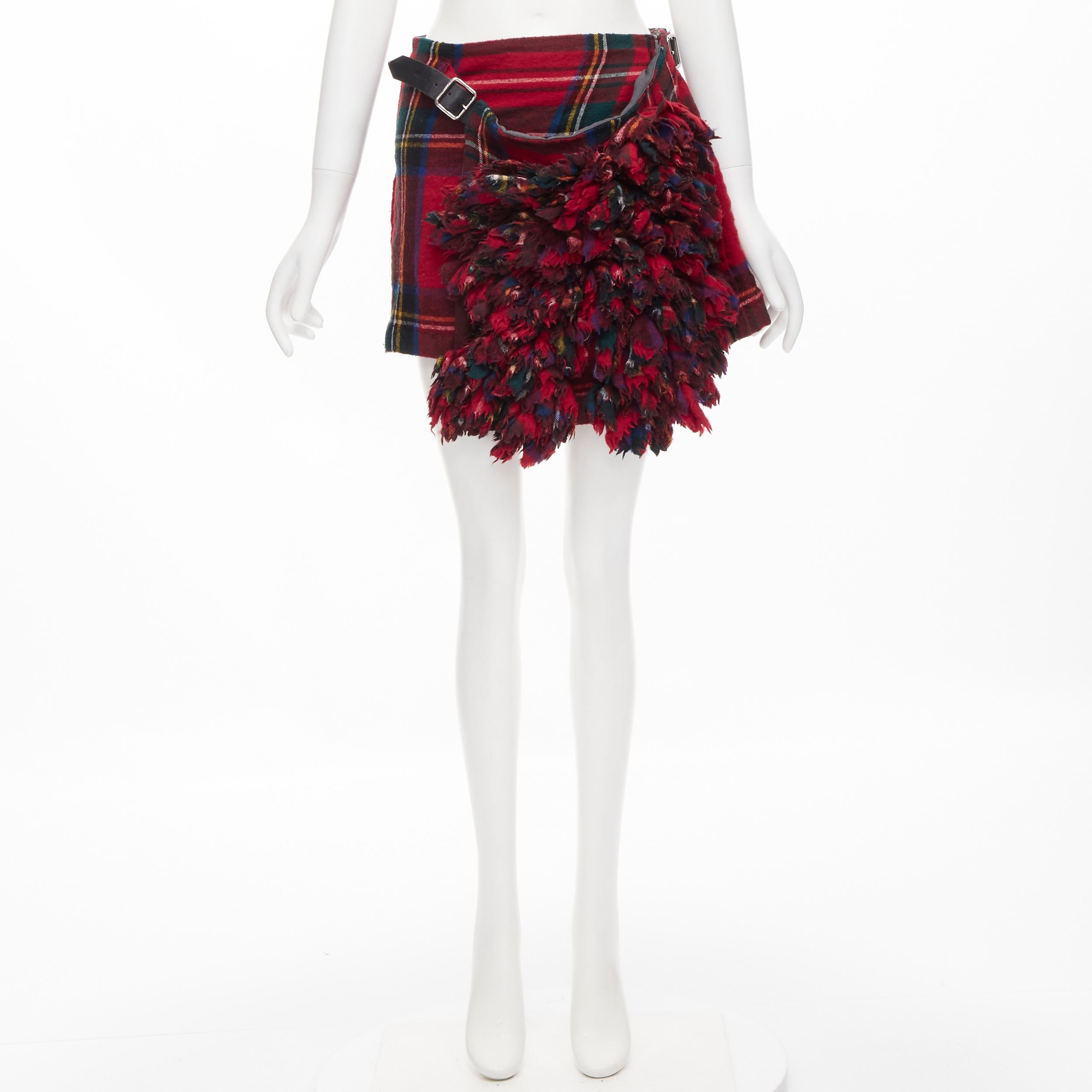 COMME DES GARCONS 2000 red plaid tartan check ruffle draped wrap skirt kilt S 6