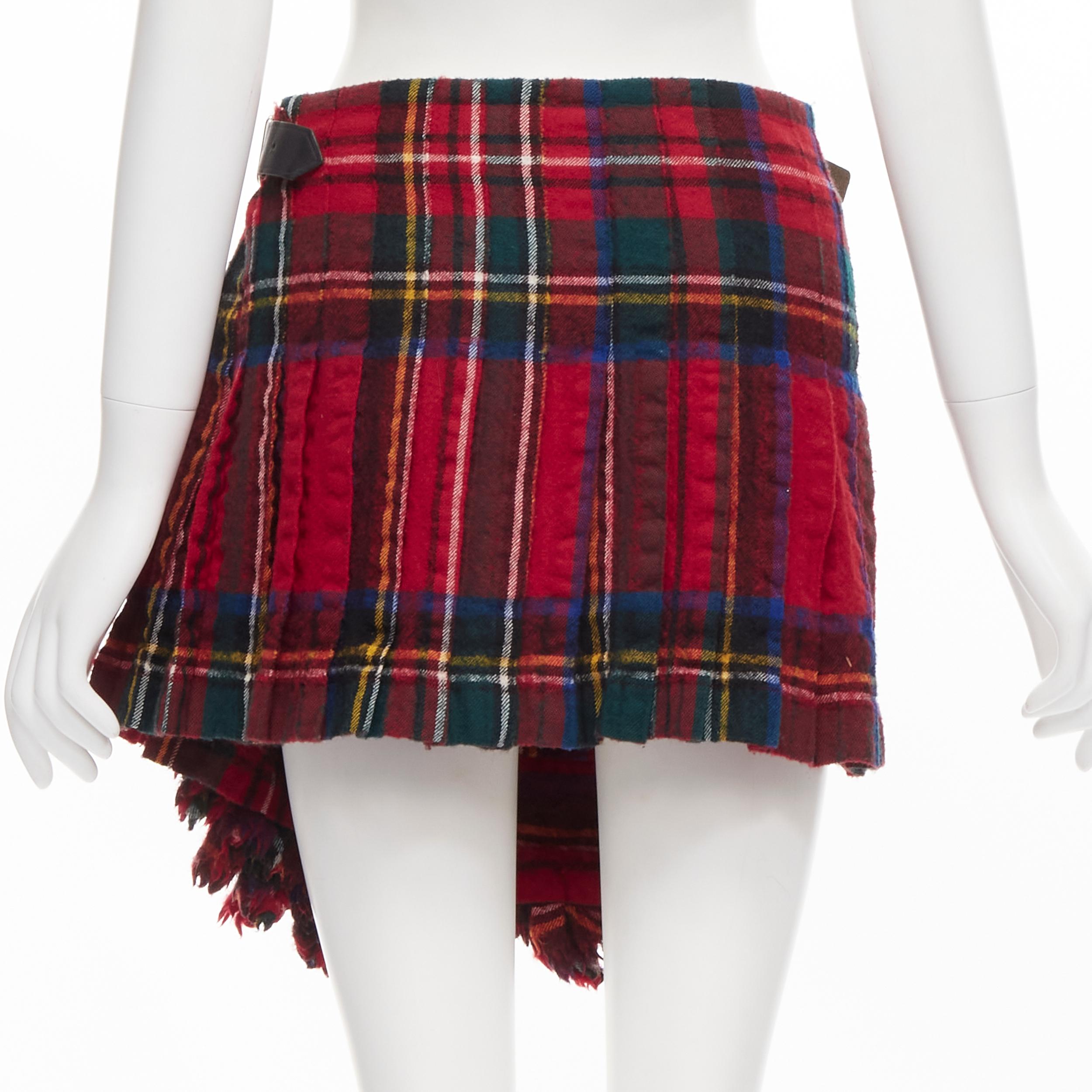 COMME DES GARCONS 2000 red plaid tartan check ruffle draped wrap skirt kilt S In Excellent Condition In Hong Kong, NT