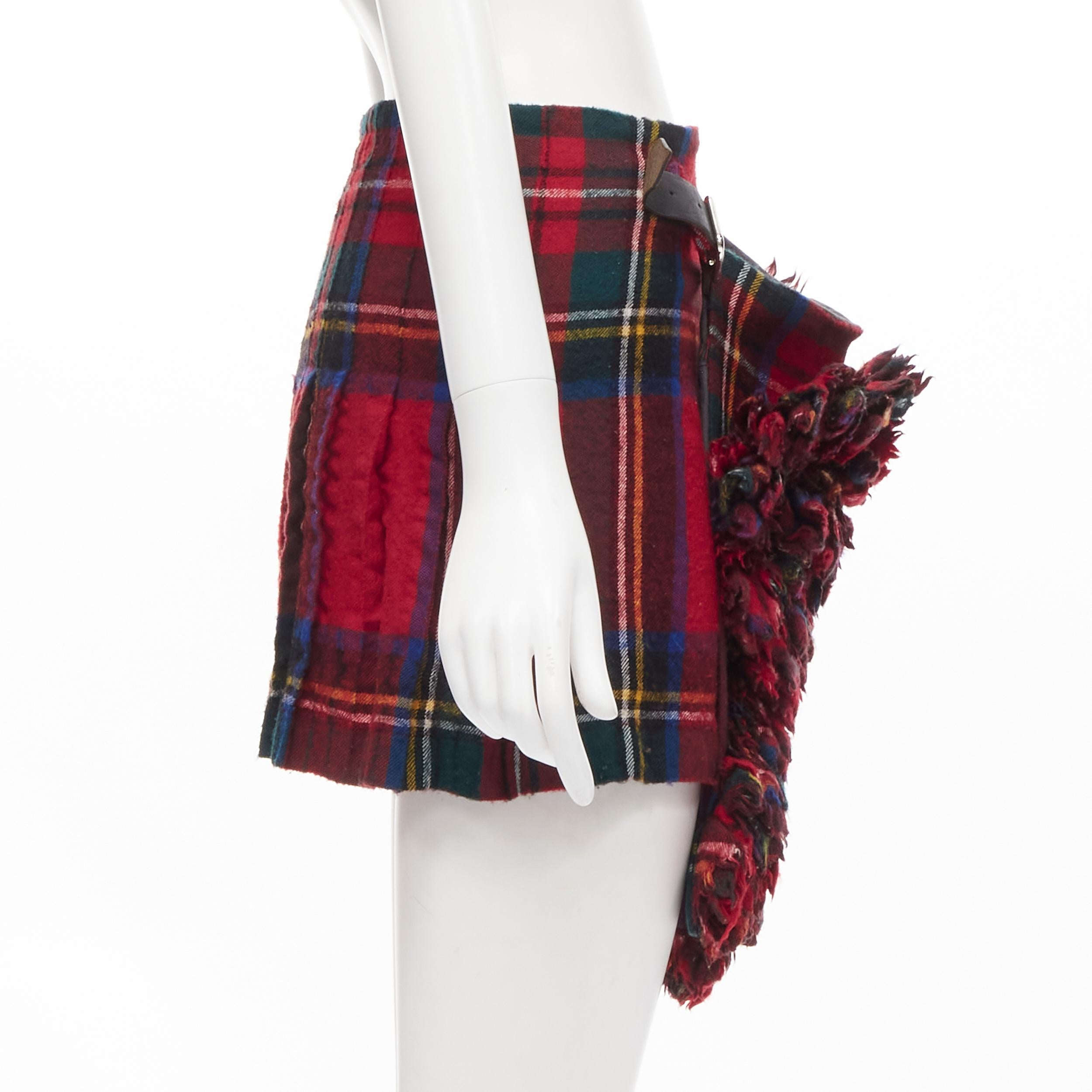 Women's COMME DES GARCONS 2000 red plaid tartan check ruffle draped wrap skirt kilt S