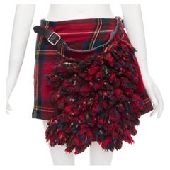 COMME DES GARCONS 2000 red plaid tartan check ruffle draped wrap skirt kilt S